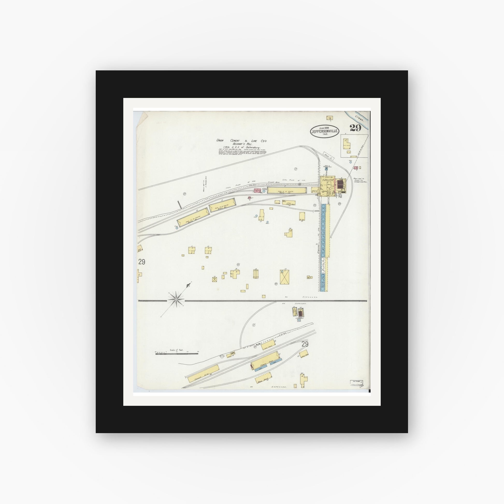 Old map wall art mockup — black gallery frame with white mat — Sanborn Fire Insurance Map from Jeffersonville, Clark County, Indiana (1898), Sheet #0029