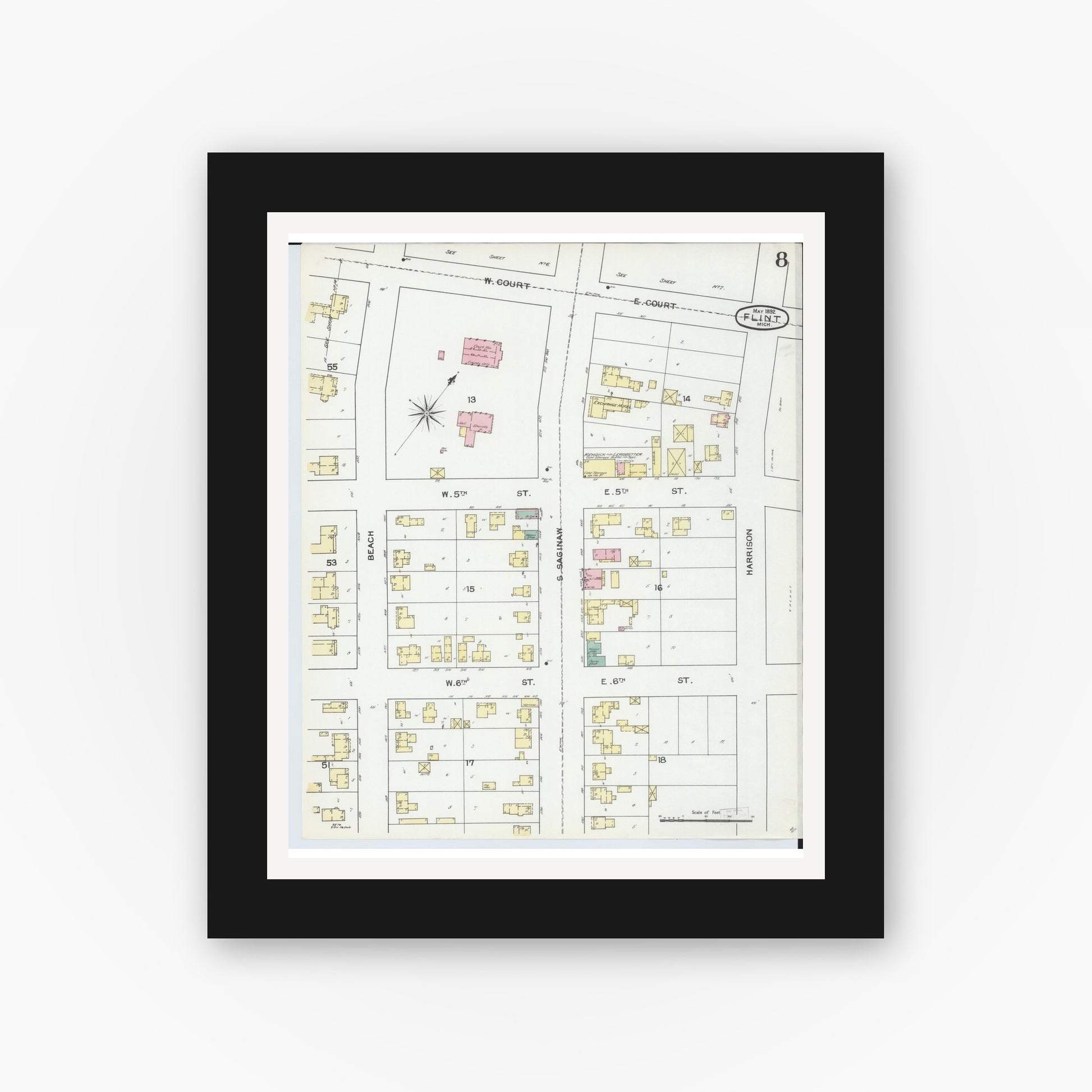Old map wall art mockup — black gallery frame with white mat — Sanborn Fire Insurance Map from Flint, Genesee County, Michigan (1892), Sheet #0008