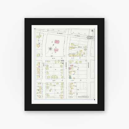 Old map wall art mockup — black gallery frame with white mat — Sanborn Fire Insurance Map from Flint, Genesee County, Michigan (1892), Sheet #0008