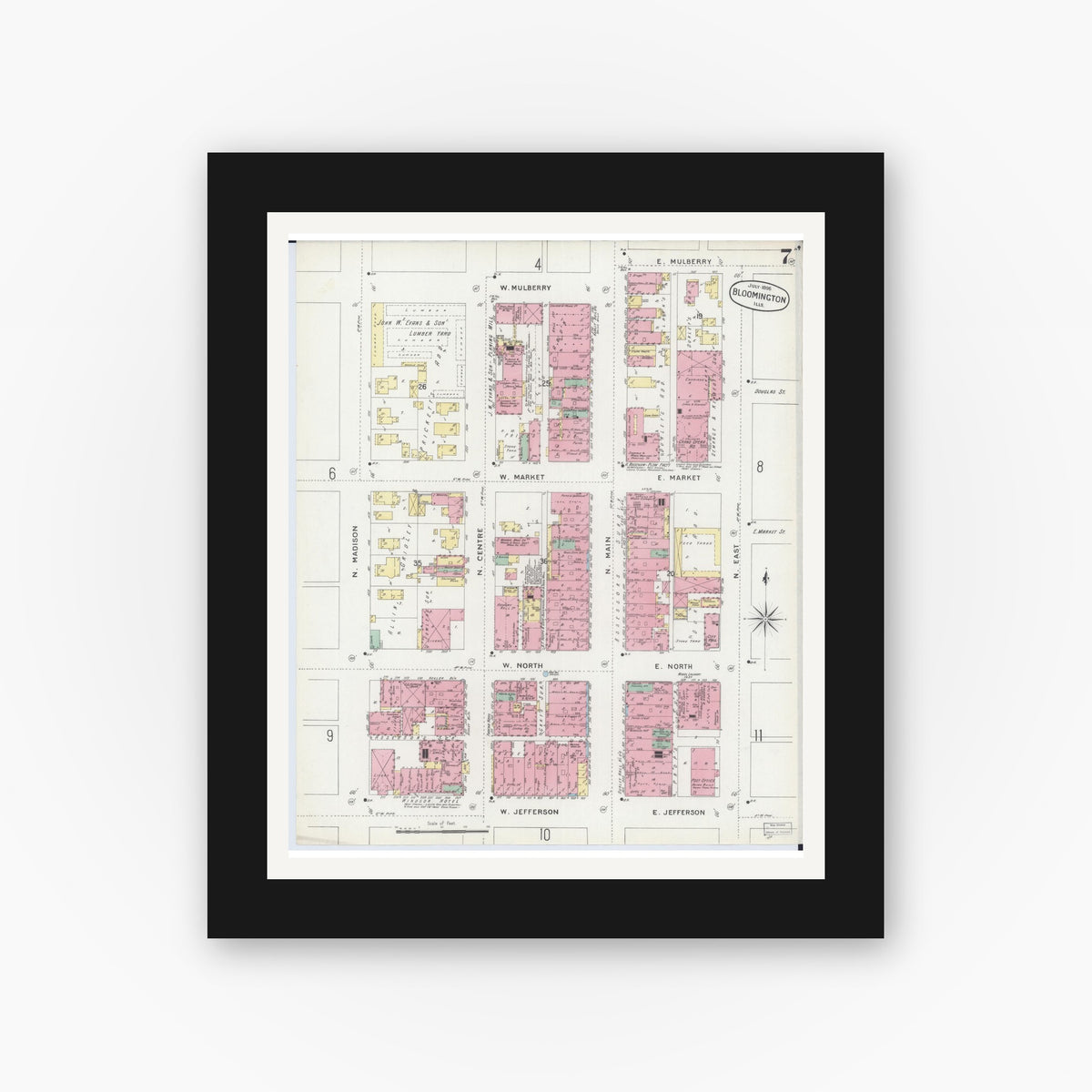 Old map wall art mockup — black gallery frame with white mat — Sanborn Fire Insurance Map from Bloomington, McLean County, Illinois (1896), Sheet #0007