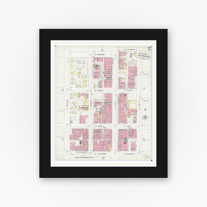 Old map wall art mockup — black gallery frame with white mat — Sanborn Fire Insurance Map from Bloomington, McLean County, Illinois (1896), Sheet #0007