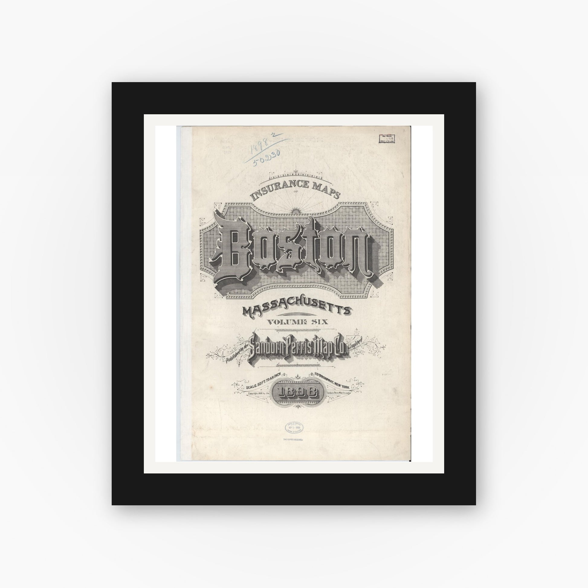 Old map wall art mockup — black gallery frame with white mat — Sanborn Fire Insurance Map from Boston, Suffolk County, Massachusetts (1898), Sheet #0001