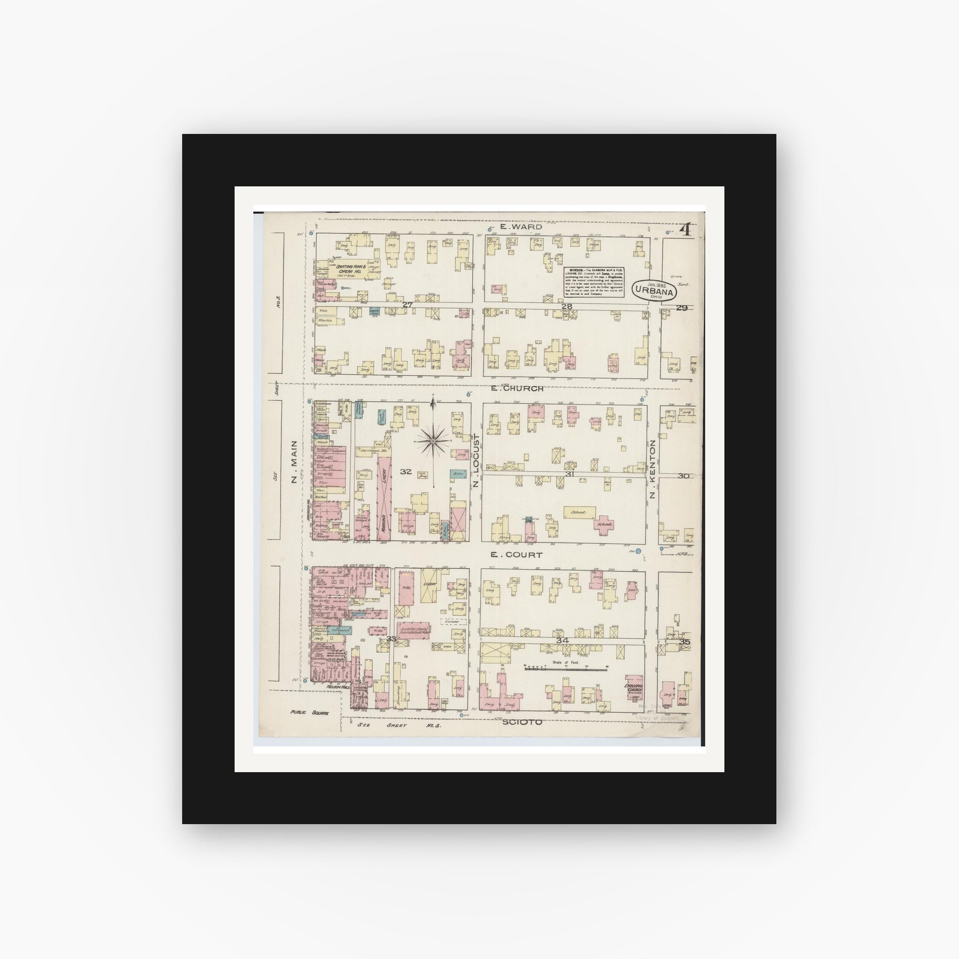 Old map wall art mockup — black gallery frame with white mat — Sanborn Fire Insurance Map from Urbana, Champaign County, Ohio (1885), Sheet #0004