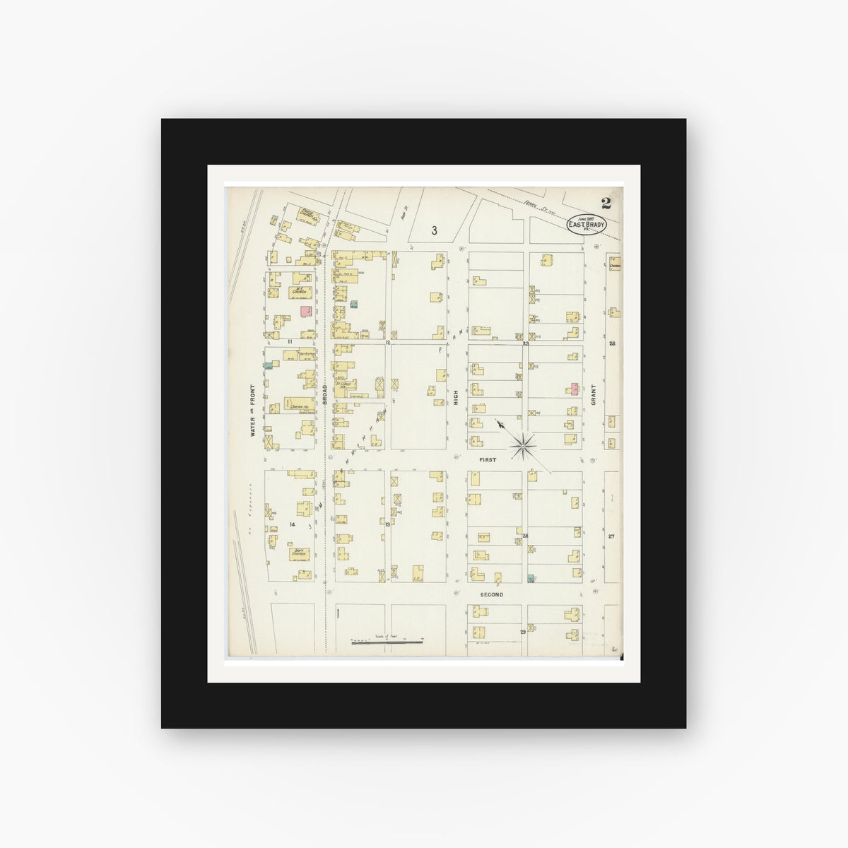 Old map wall art mockup — black gallery frame with white mat — Sanborn Fire Insurance Map from East Brady, Clarion County, Pennsylvania (1897), Sheet #0002