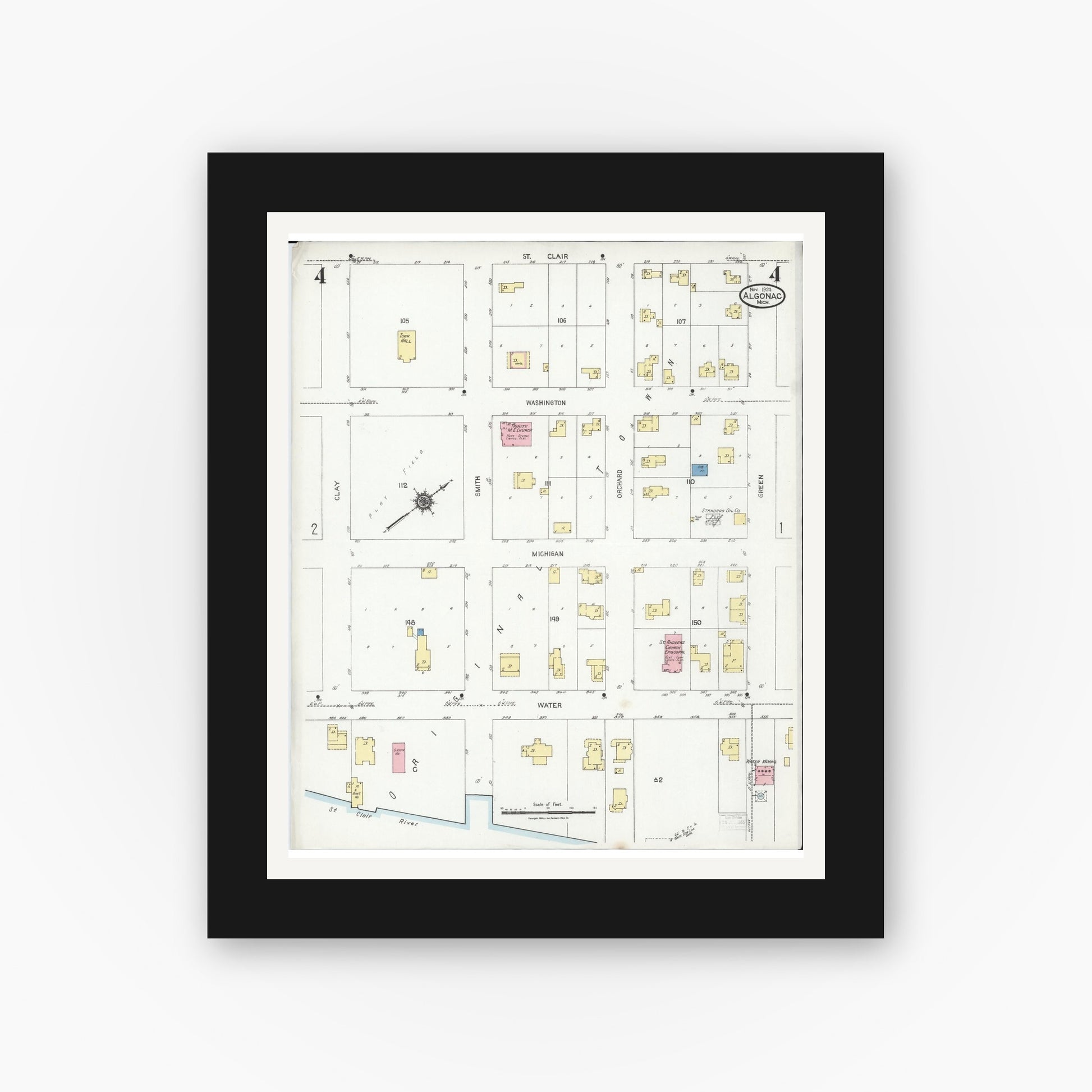 Old map wall art mockup — black gallery frame with white mat — Sanborn Fire Insurance Map from Algonac, Saint Clair County, Michigan (1924), Sheet #0004