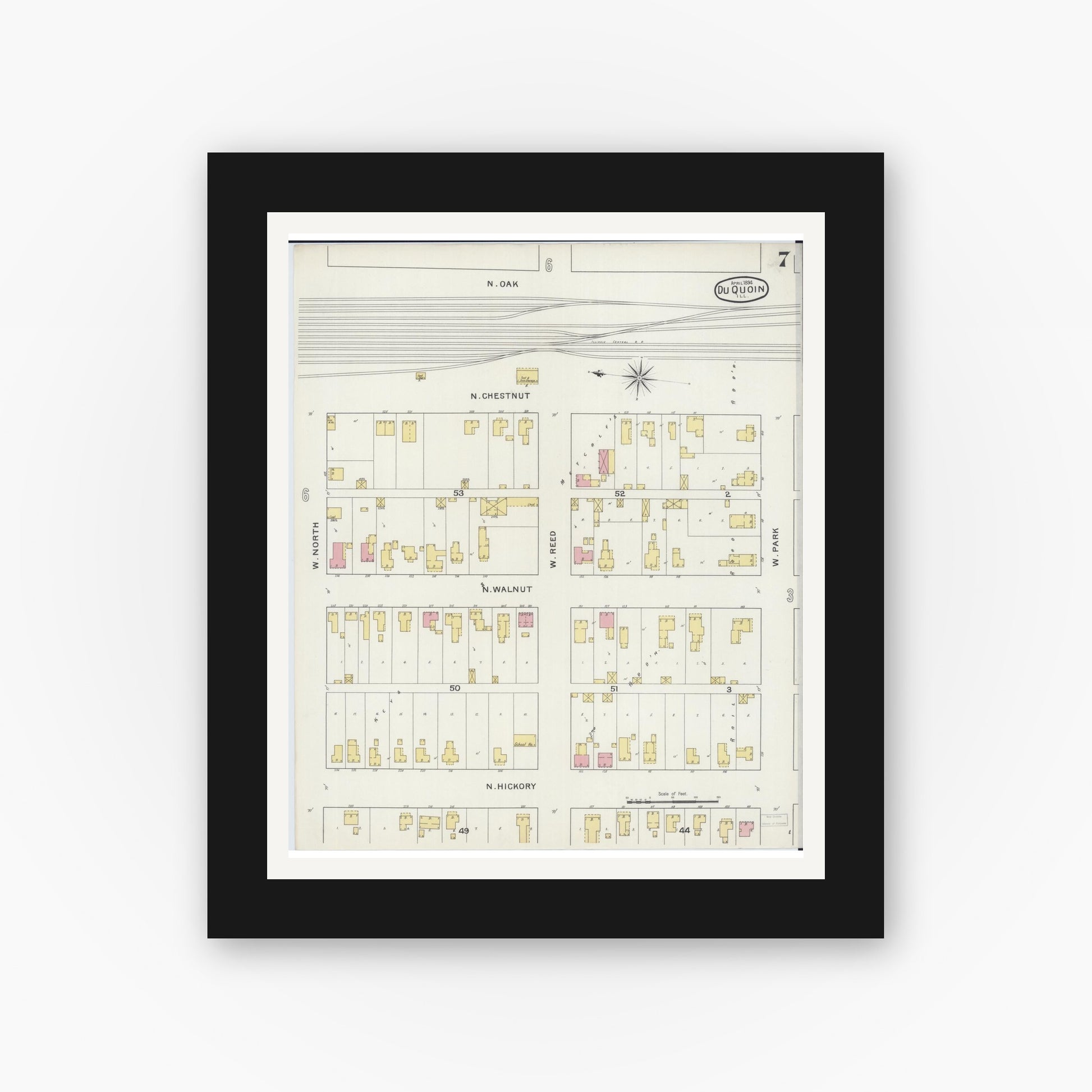 Old map wall art mockup — black gallery frame with white mat — Sanborn Fire Insurance Map from Du Quoin, Perry County, Illinois (1894), Sheet #0007