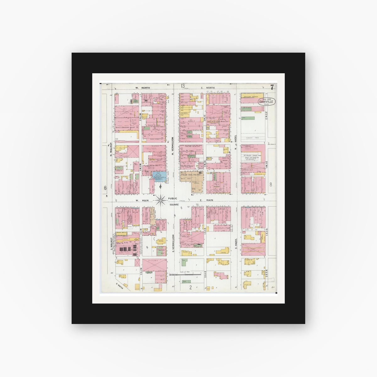 Old map wall art mockup — black gallery frame with white mat — Sanborn Fire Insurance Map from Danville, Vermilion County, Illinois (1900), Sheet #0007