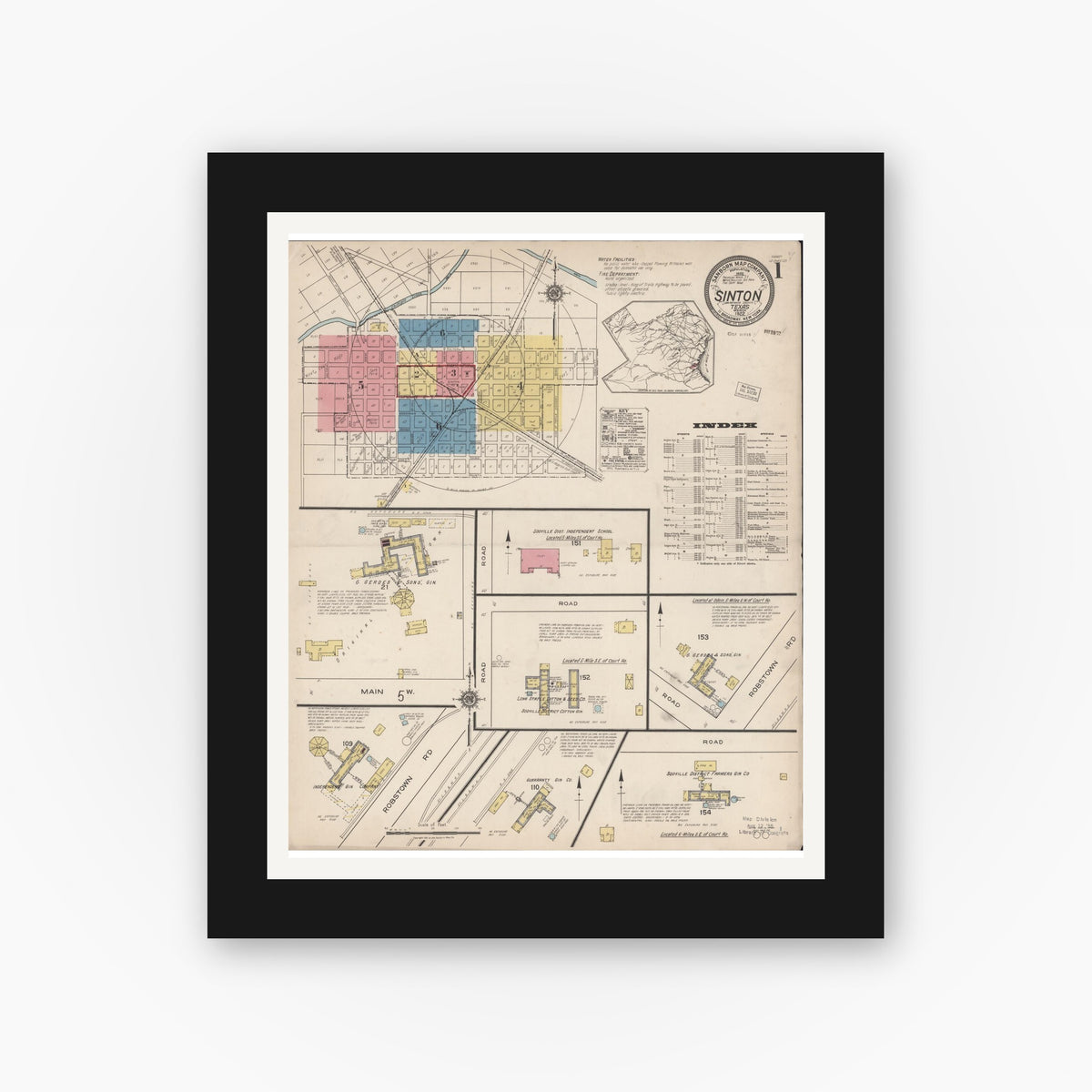 Old map wall art mockup — black gallery frame with white mat — Sanborn Fire Insurance Map from Sinton, San Patricio County, Texas (1922) - Complete Map Set