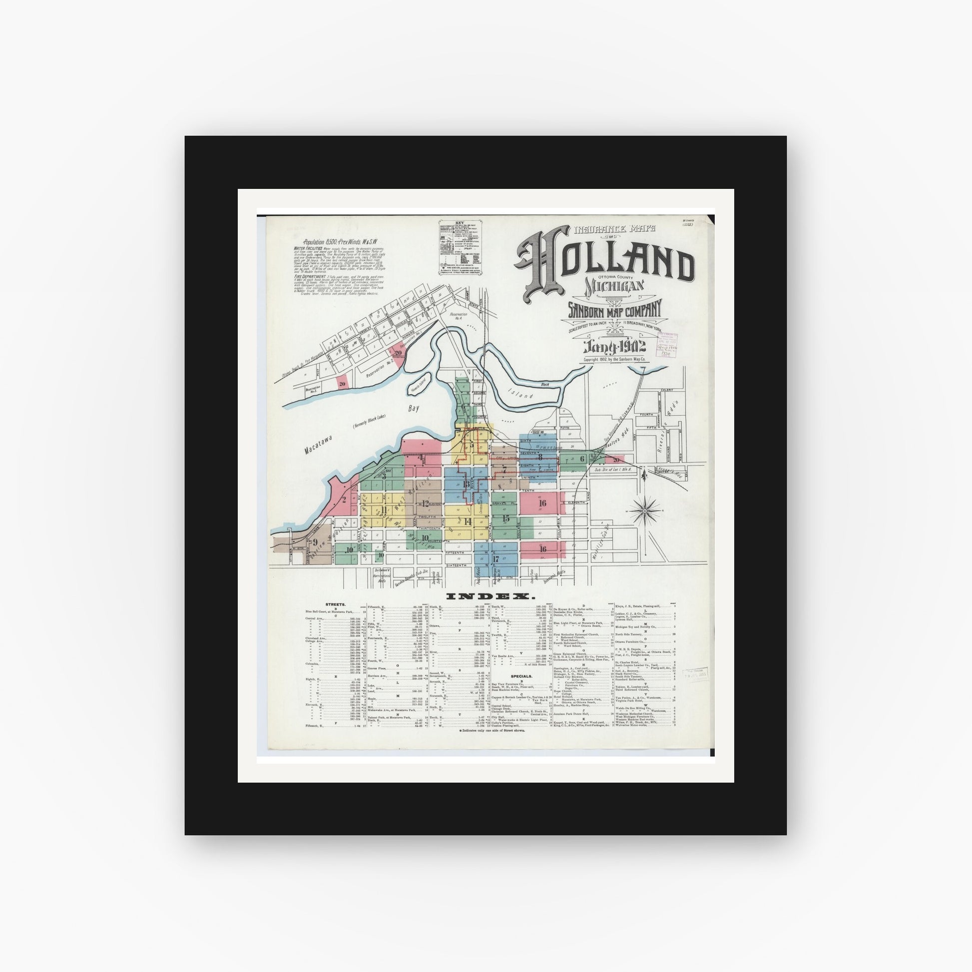 Old map wall art mockup — black gallery frame with white mat — Sanborn Fire Insurance Map from Holland, Ottawa County, Michigan (1902) - Complete Map Set