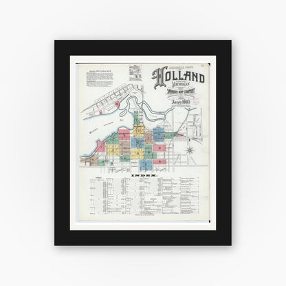Old map wall art mockup — black gallery frame with white mat — Sanborn Fire Insurance Map from Holland, Ottawa County, Michigan (1902) - Complete Map Set