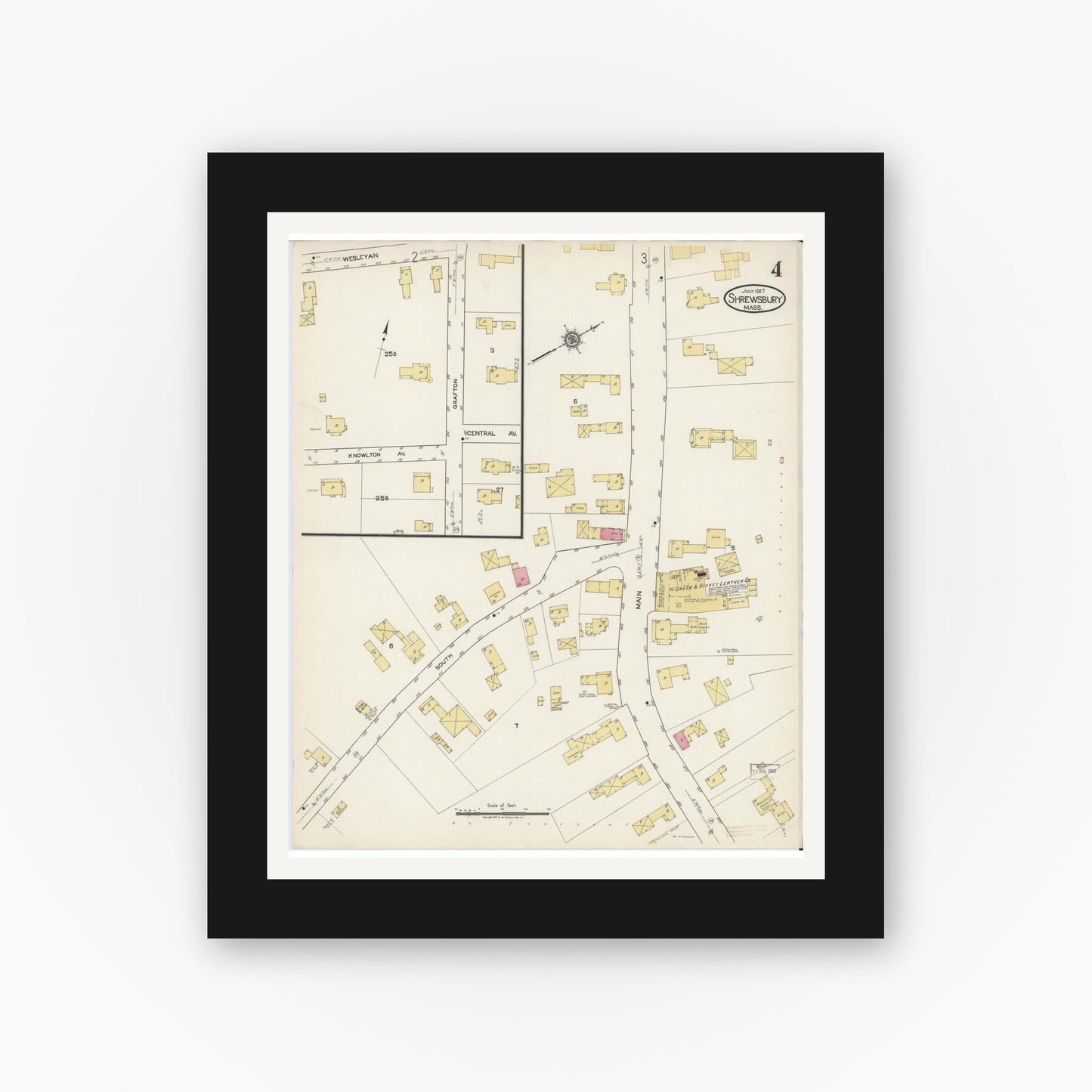 Old map wall art mockup — black gallery frame with white mat — Sanborn Fire Insurance Map from Shrewsbury, Worcester County, Massachusetts (1917), Sheet #0004