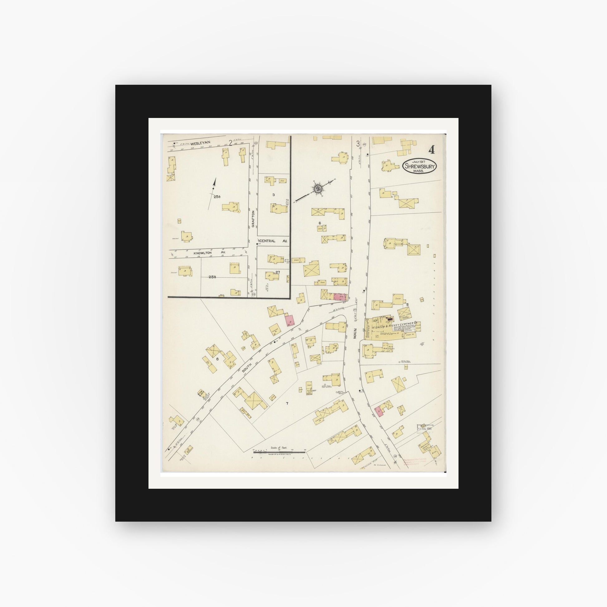 Old map wall art mockup — black gallery frame with white mat — Sanborn Fire Insurance Map from Shrewsbury, Worcester County, Massachusetts (1917), Sheet #0004