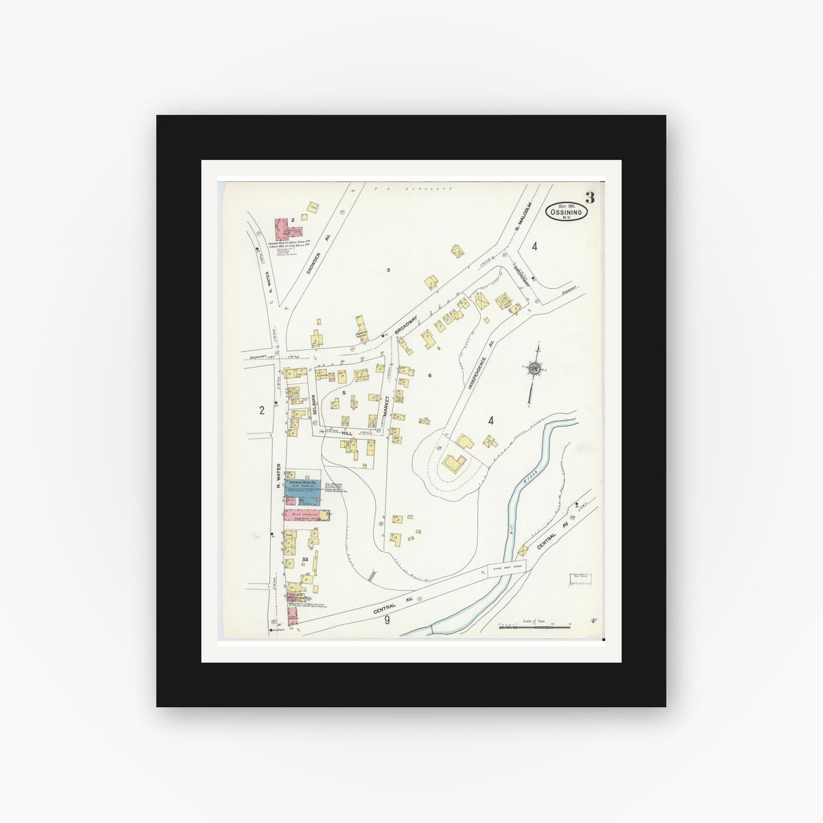 Old map wall art mockup — black gallery frame with white mat — Sanborn Fire Insurance Map from Ossining, Westchester County, New York (1911), Sheet #0003