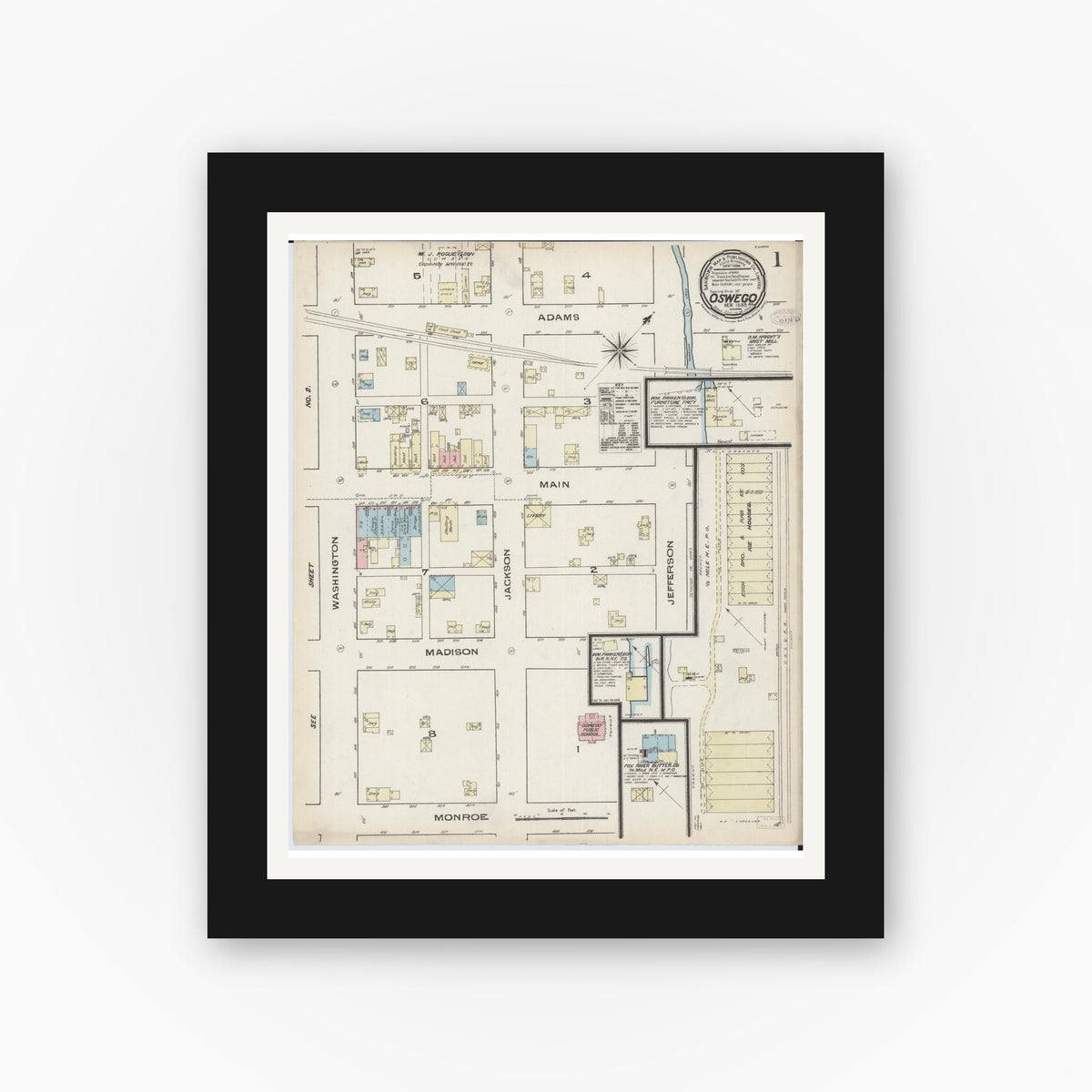 Old map wall art mockup — black gallery frame with white mat — Sanborn Fire Insurance Map from Oswego, Kendall County, Illinois (1885), Sheet #0001