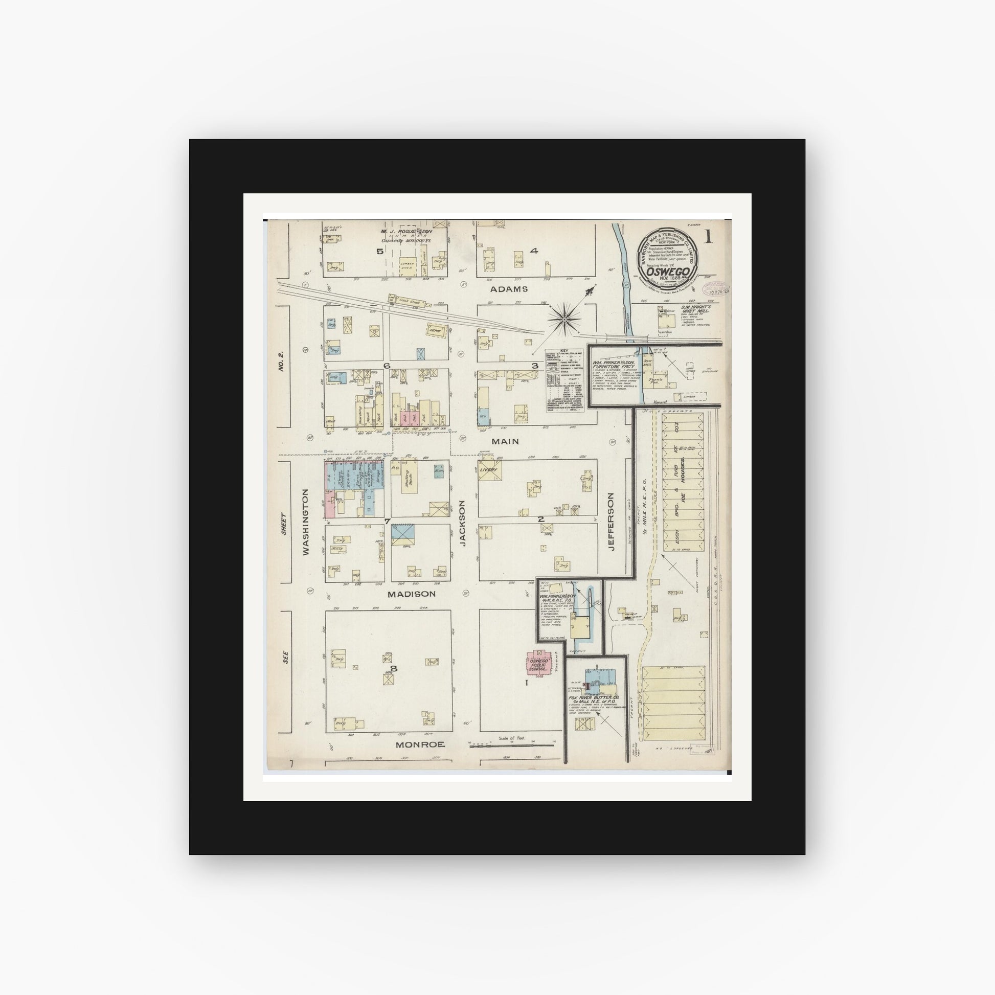 Old map wall art mockup — black gallery frame with white mat — Sanborn Fire Insurance Map from Oswego, Kendall County, Illinois (1885), Sheet #0001