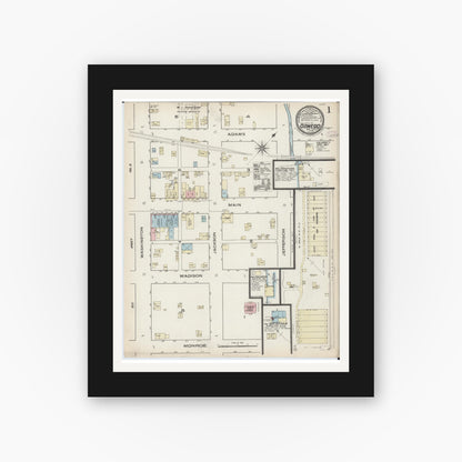 Old map wall art mockup — black gallery frame with white mat — Sanborn Fire Insurance Map from Oswego, Kendall County, Illinois (1885), Sheet #0001