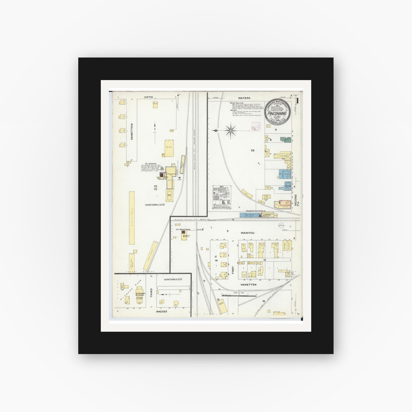 Old map wall art mockup — black gallery frame with white mat — Sanborn Fire Insurance Map from Pinconning, Bay County, Michigan (1909) - Complete Map Set