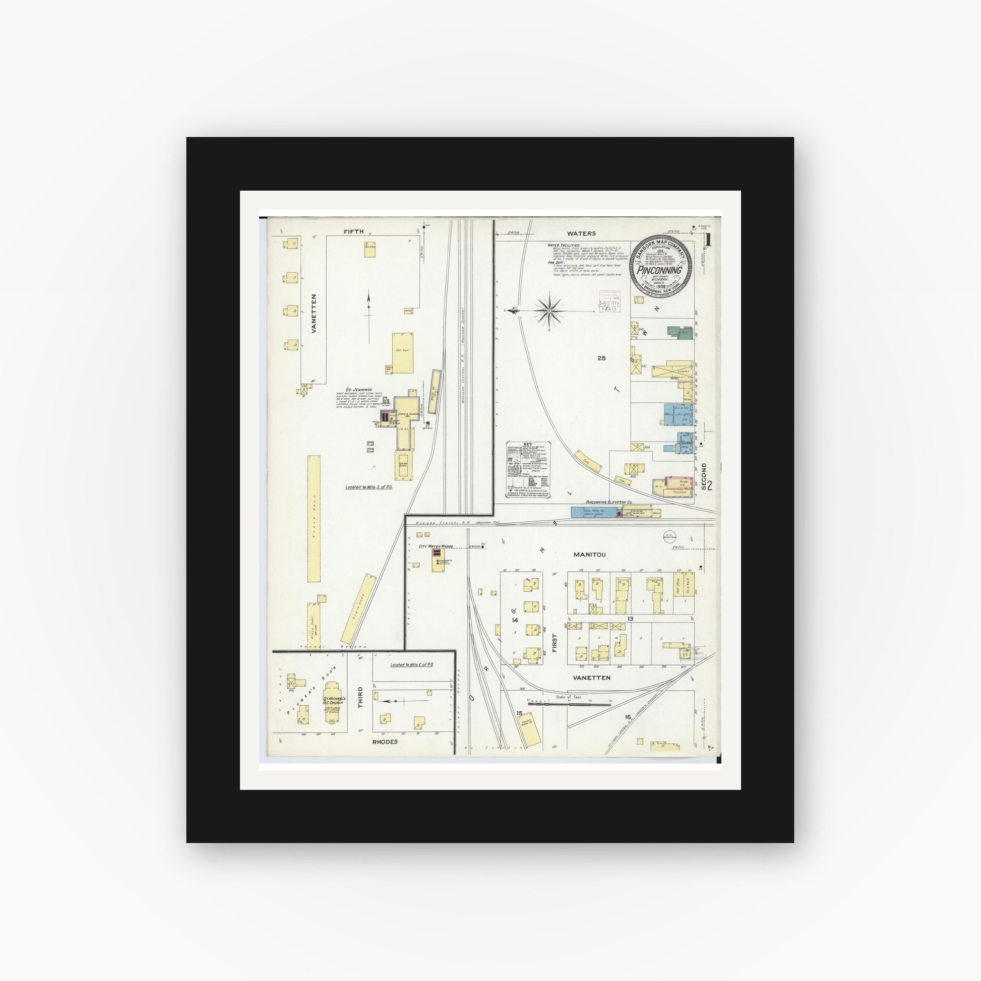 Old map wall art mockup — black gallery frame with white mat — Sanborn Fire Insurance Map from Pinconning, Bay County, Michigan (1909) - Complete Map Set
