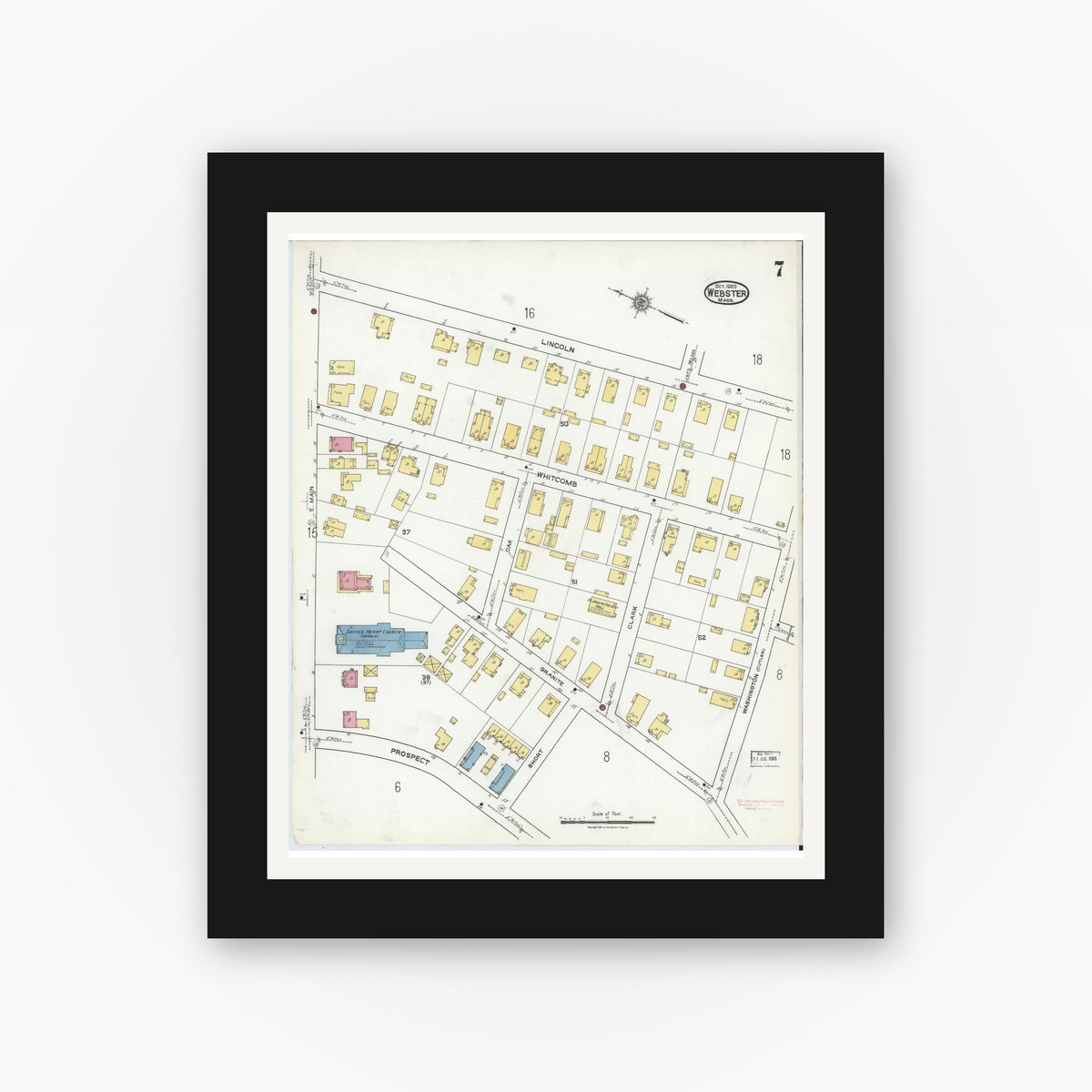 Old map wall art mockup — black gallery frame with white mat — Sanborn Fire Insurance Map from Webster, Worcester County, Massachusetts (1920), Sheet #0007