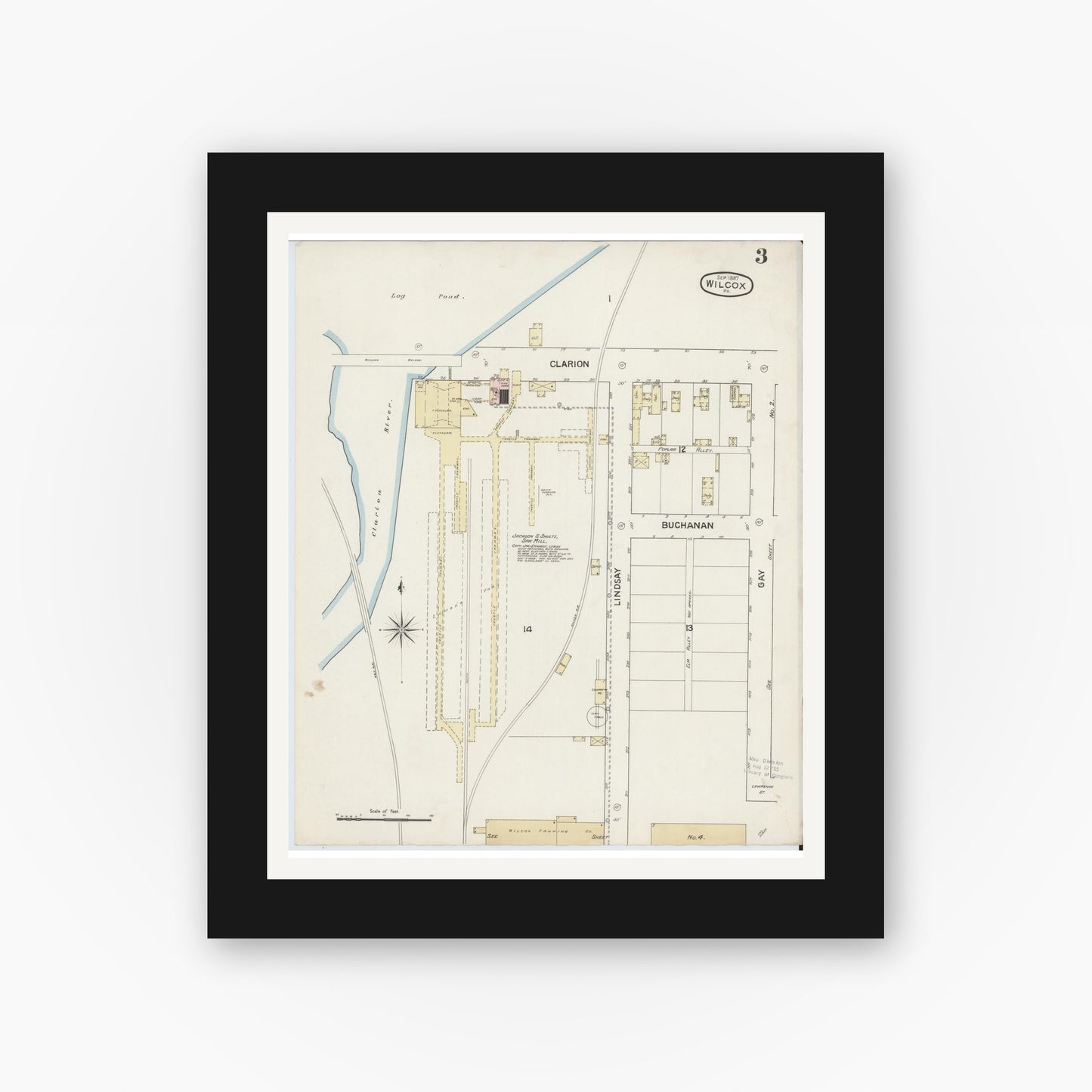 Old map wall art mockup — black gallery frame with white mat — Sanborn Fire Insurance Map from Wilcox, Elk County, Pennsylvania (1887), Sheet #0003