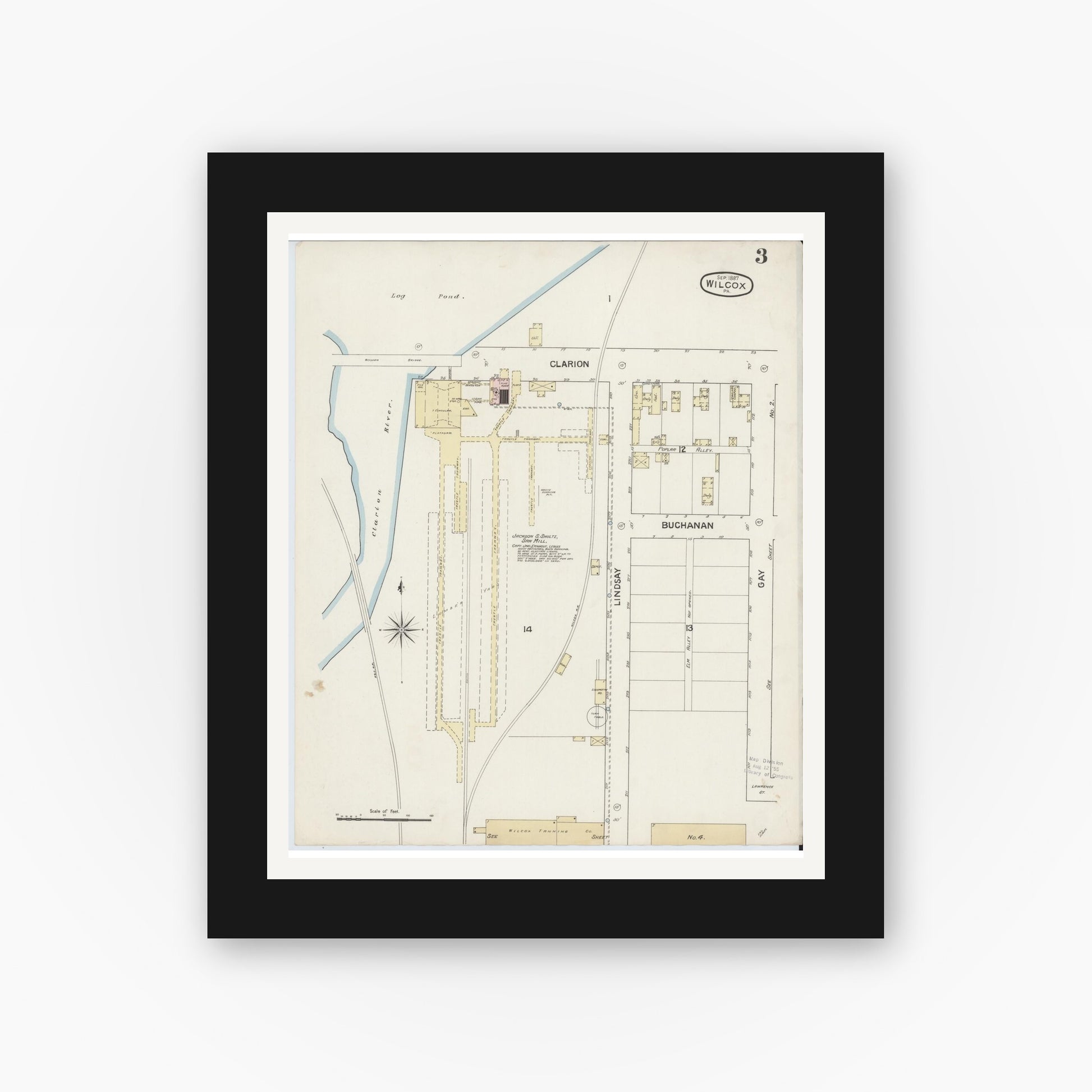 Old map wall art mockup — black gallery frame with white mat — Sanborn Fire Insurance Map from Wilcox, Elk County, Pennsylvania (1887), Sheet #0003