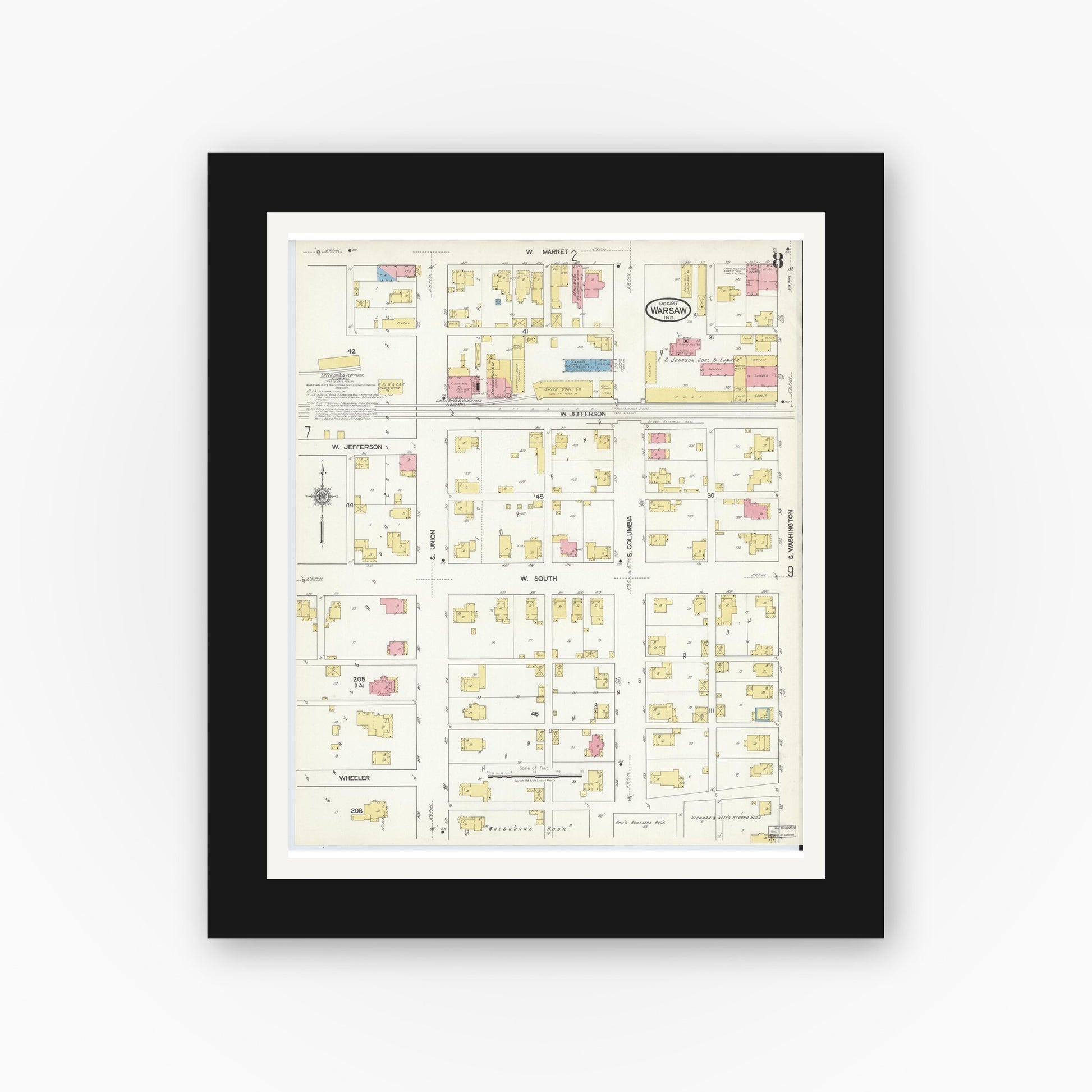 Old map wall art mockup — black gallery frame with white mat — Sanborn Fire Insurance Map from Warsaw, Kosciusko County, Indiana (1917), Sheet #0008