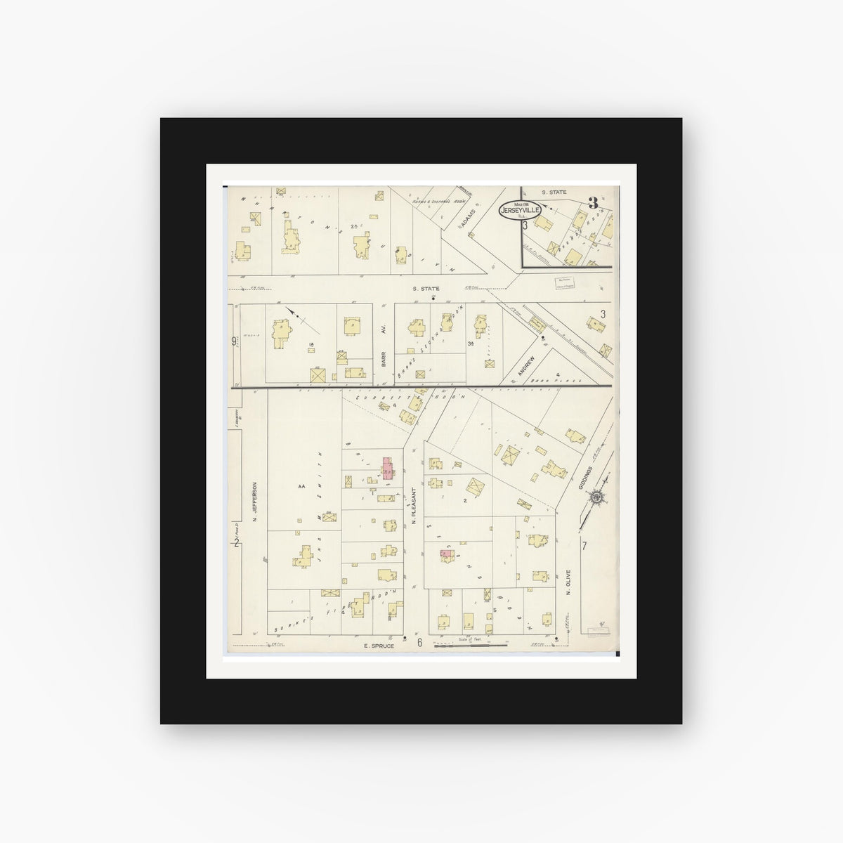 Old map wall art mockup — black gallery frame with white mat — Sanborn Fire Insurance Map from Jerseyville, Jersey County, Illinois (1914), Sheet #0003