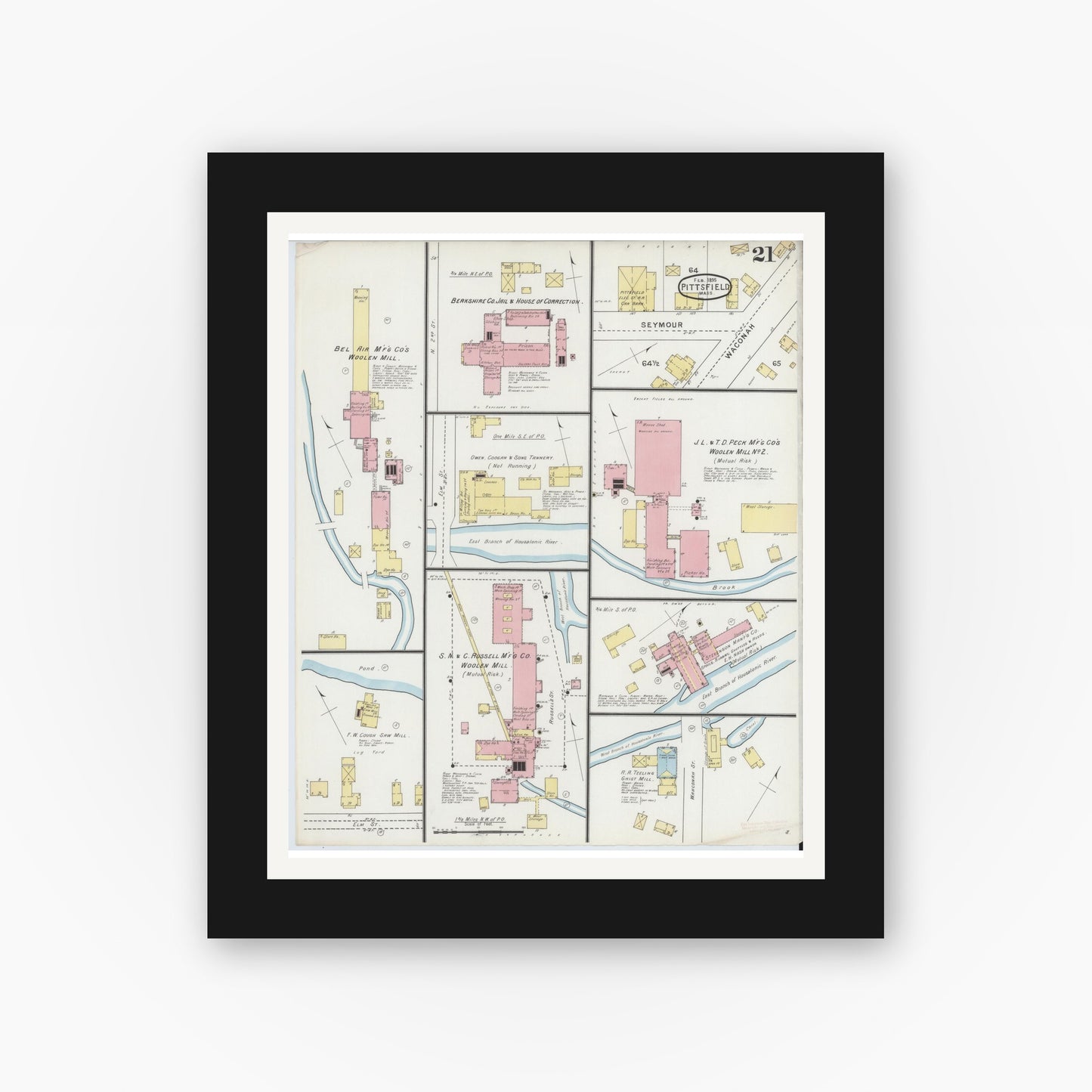 Old map wall art mockup — black gallery frame with white mat — Sanborn Fire Insurance Map from Pittsfield, Berkshire County, Massachusetts (1895), Sheet #0021