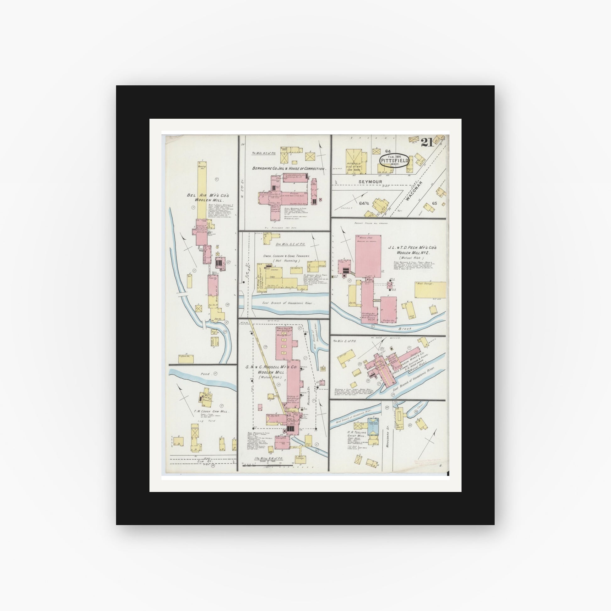 Old map wall art mockup — black gallery frame with white mat — Sanborn Fire Insurance Map from Pittsfield, Berkshire County, Massachusetts (1895), Sheet #0021