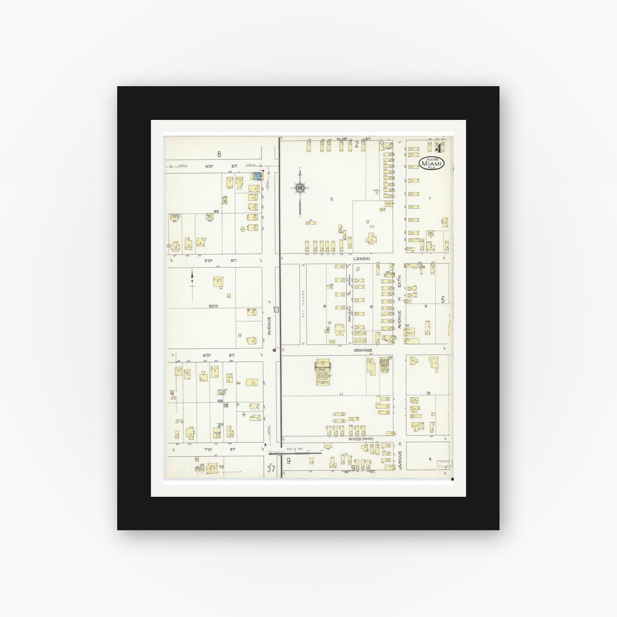 Old map wall art mockup — black gallery frame with white mat — Sanborn Fire Insurance Map from Miami, Dade County, Florida (1914), Sheet #0004