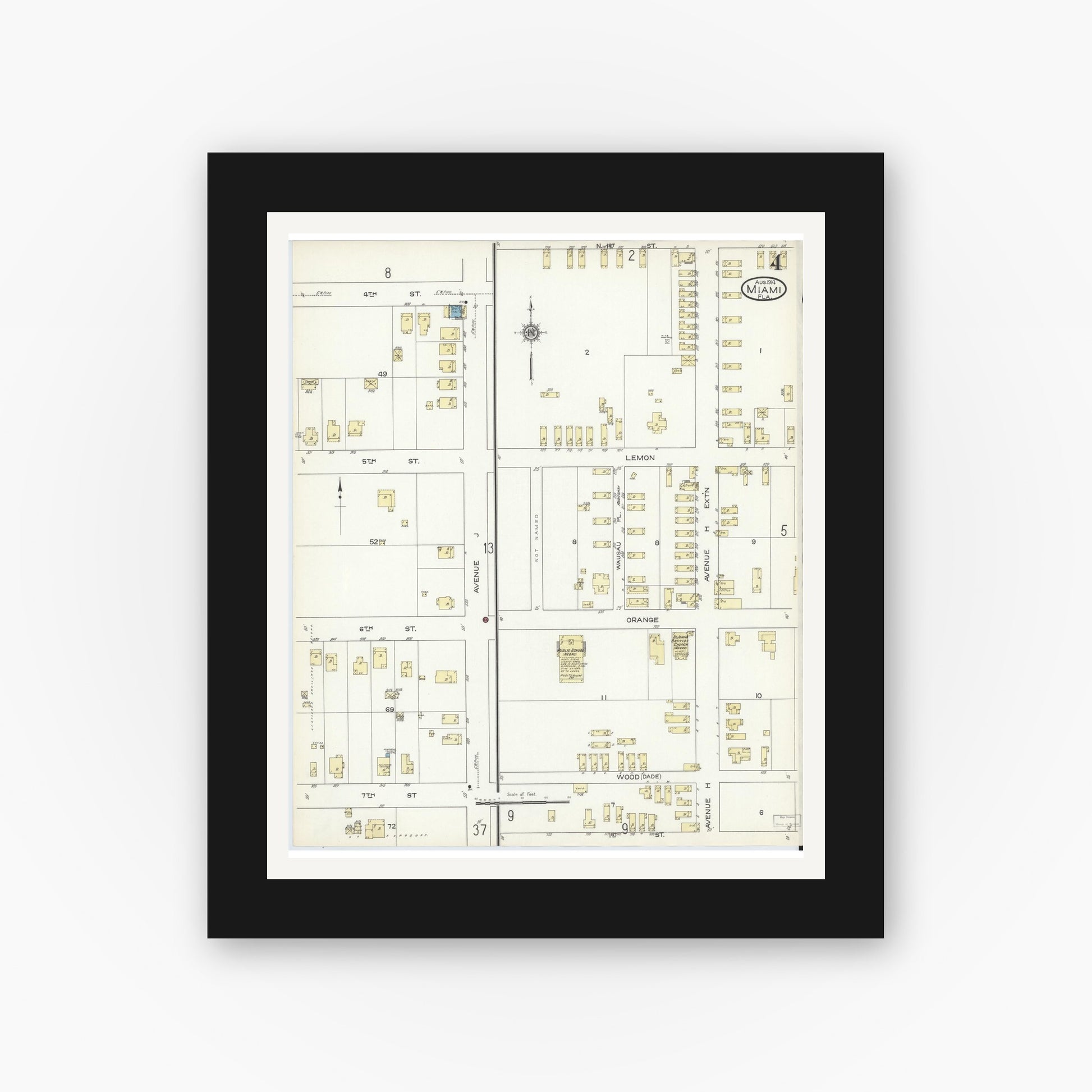Old map wall art mockup — black gallery frame with white mat — Sanborn Fire Insurance Map from Miami, Dade County, Florida (1914), Sheet #0004