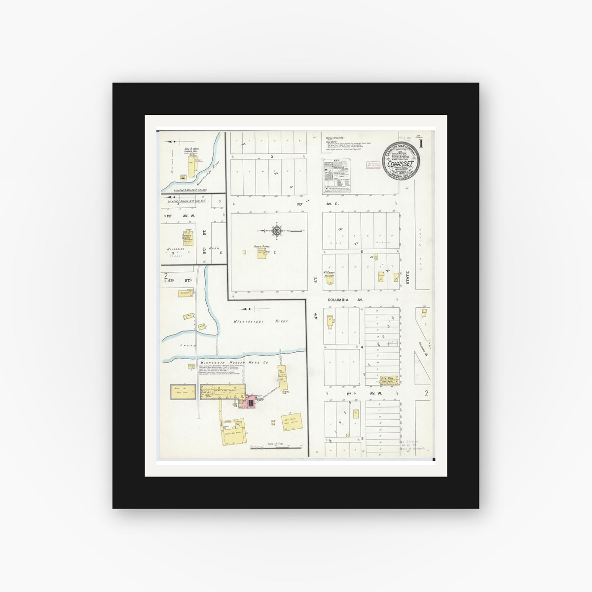 Old map wall art mockup — black gallery frame with white mat — Sanborn Fire Insurance Map from Cohasset, Itasca County, Minnesota (1909) - Complete Map Set