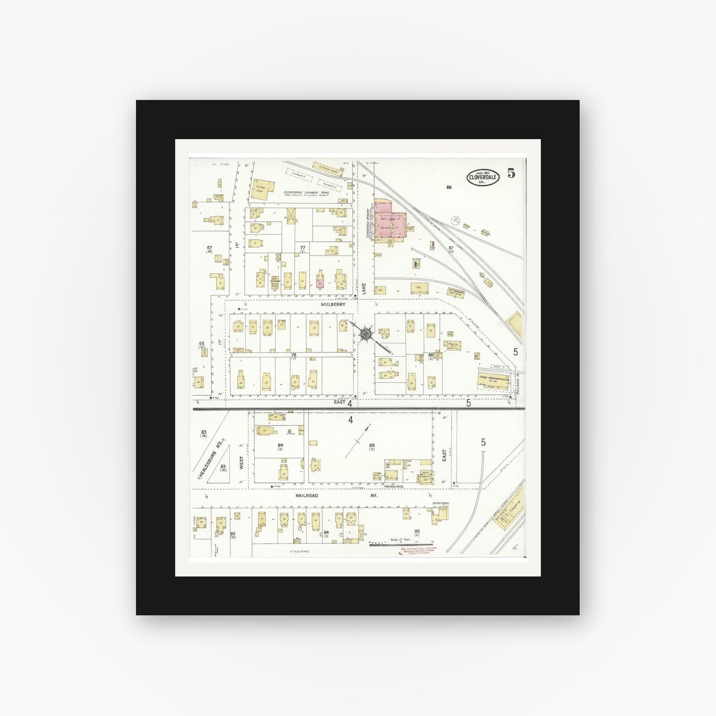 Old map wall art mockup — black gallery frame with white mat — Sanborn Fire Insurance Map from Cloverdale, Sonoma County, California (1911), Sheet #0005