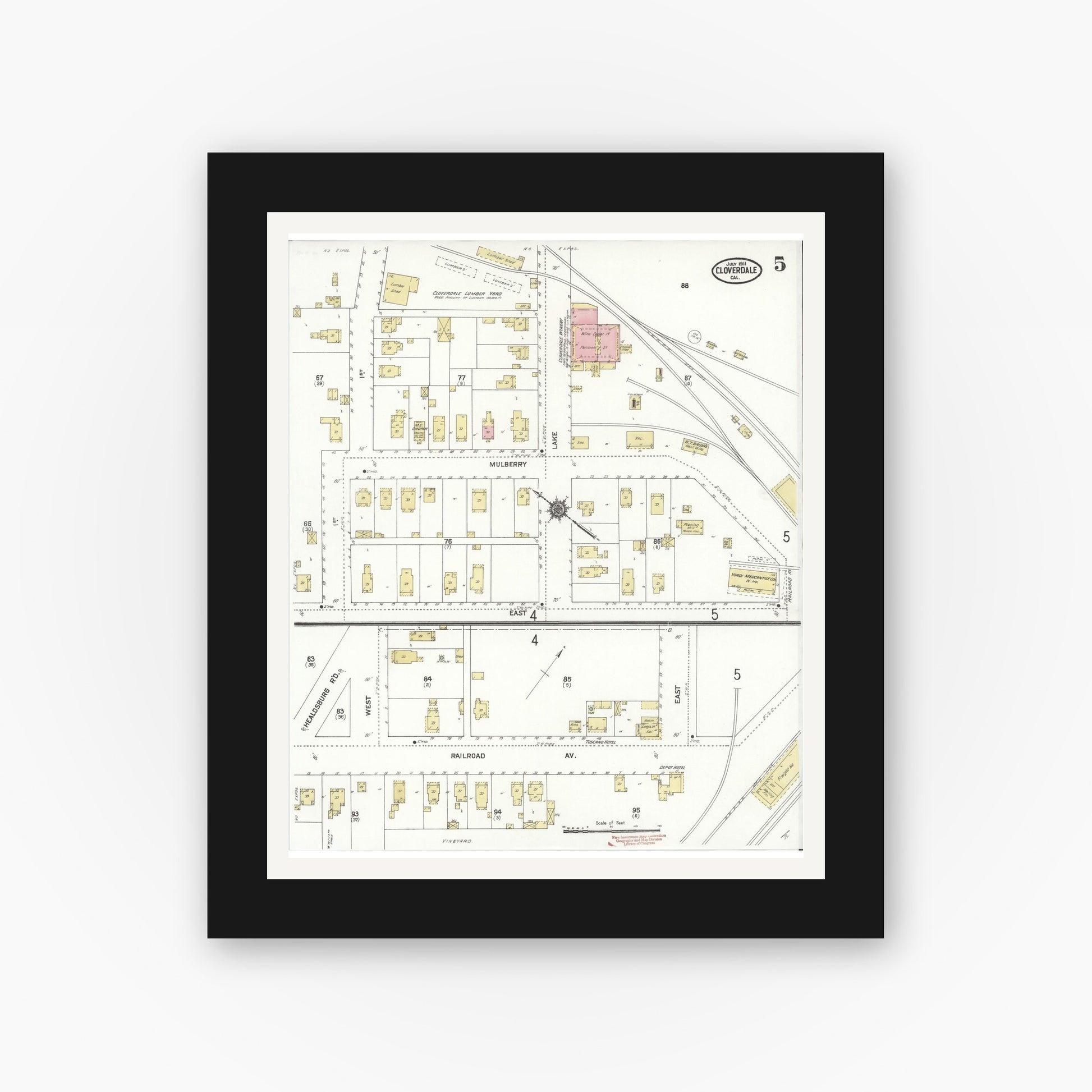 Old map wall art mockup — black gallery frame with white mat — Sanborn Fire Insurance Map from Cloverdale, Sonoma County, California (1911), Sheet #0005