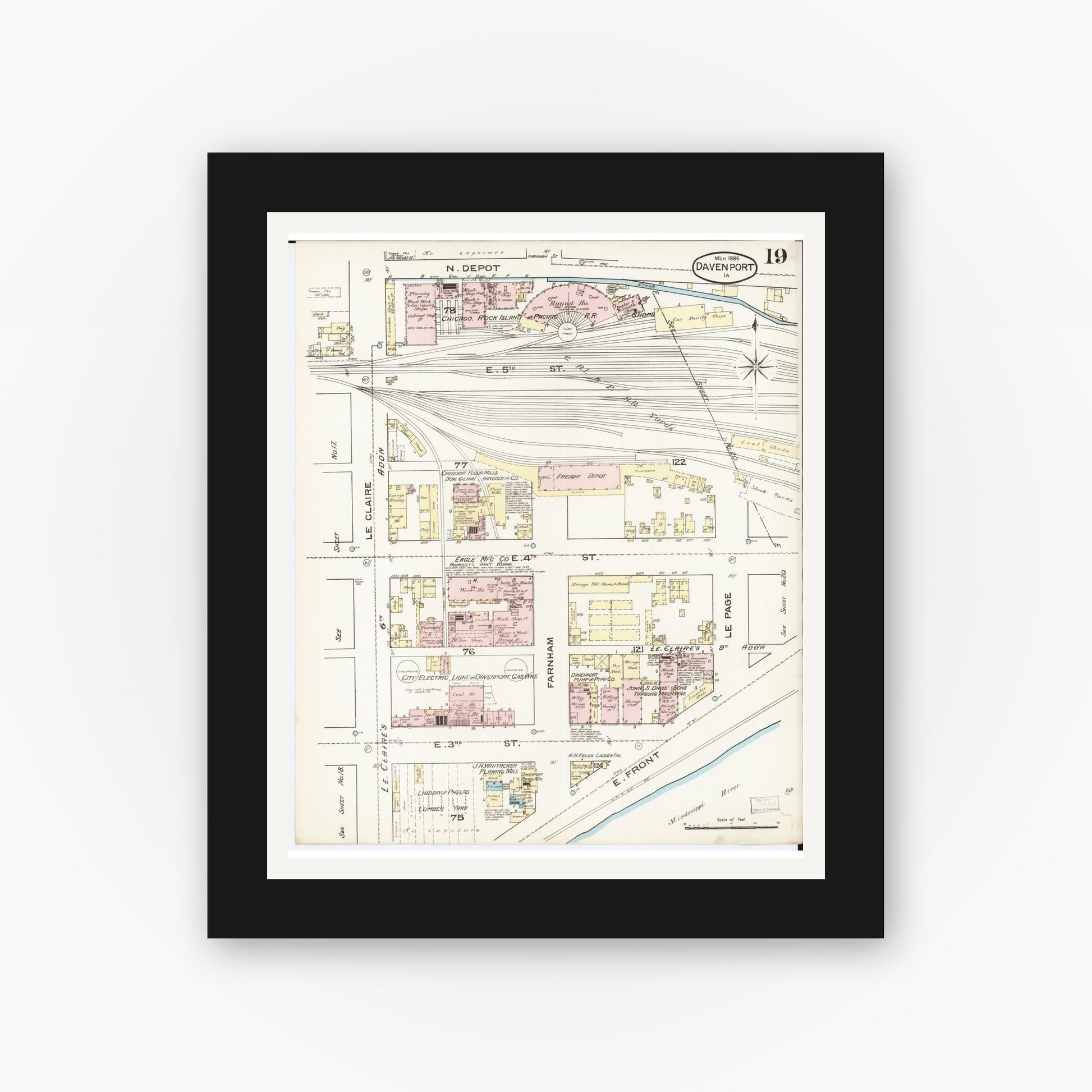 Old map wall art mockup — black gallery frame with white mat — Sanborn Fire Insurance Map from Davenport, Scott County, Iowa (1886), Sheet #0019