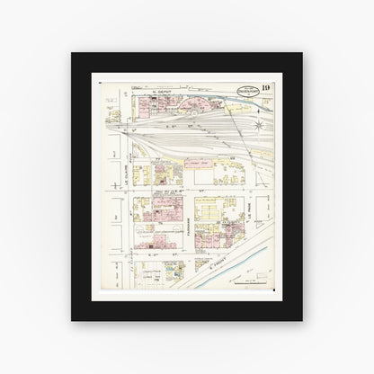Old map wall art mockup — black gallery frame with white mat — Sanborn Fire Insurance Map from Davenport, Scott County, Iowa (1886), Sheet #0019