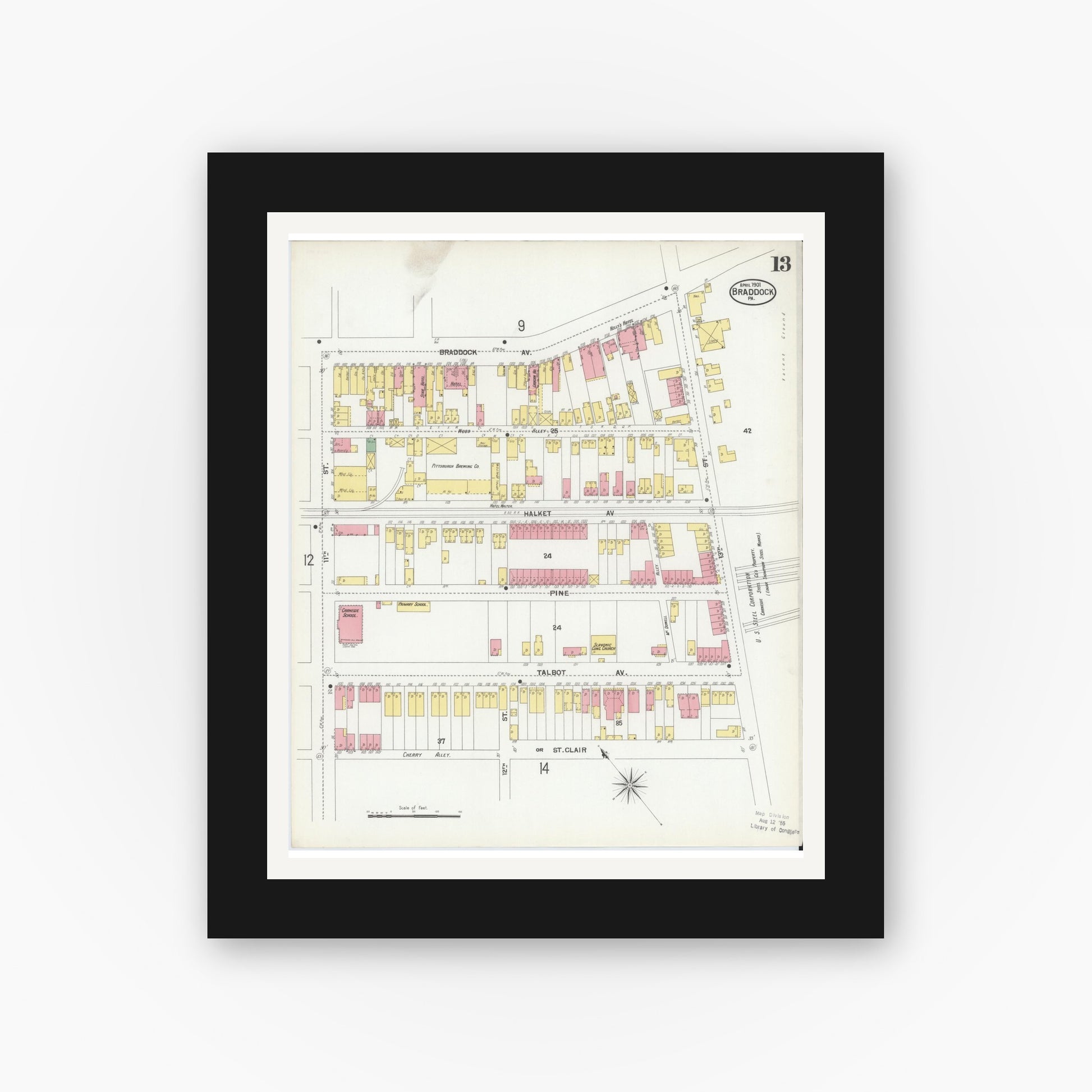 Old map wall art mockup — black gallery frame with white mat — Sanborn Fire Insurance Map from Braddock, Allegheny County, Pennsylvania (1901), Sheet #0013