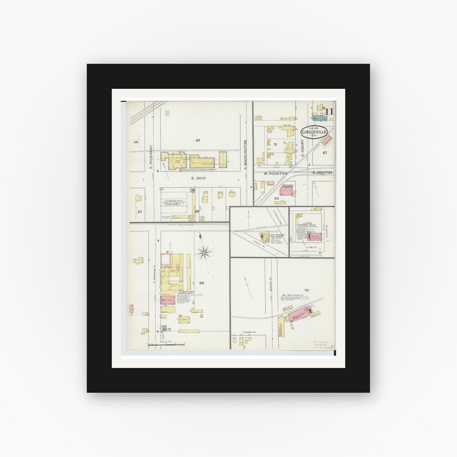 Old map wall art mockup — black gallery frame with white mat — Sanborn Fire Insurance Map from Circleville, Pickaway County, Ohio (1893), Sheet #0011
