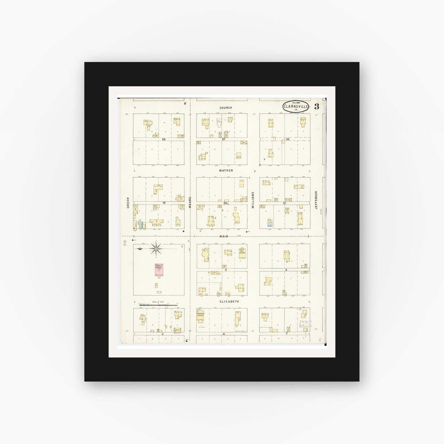 Old map wall art mockup — black gallery frame with white mat — Sanborn Fire Insurance Map from Clarksville, Butler County, Iowa (1895), Sheet #0003