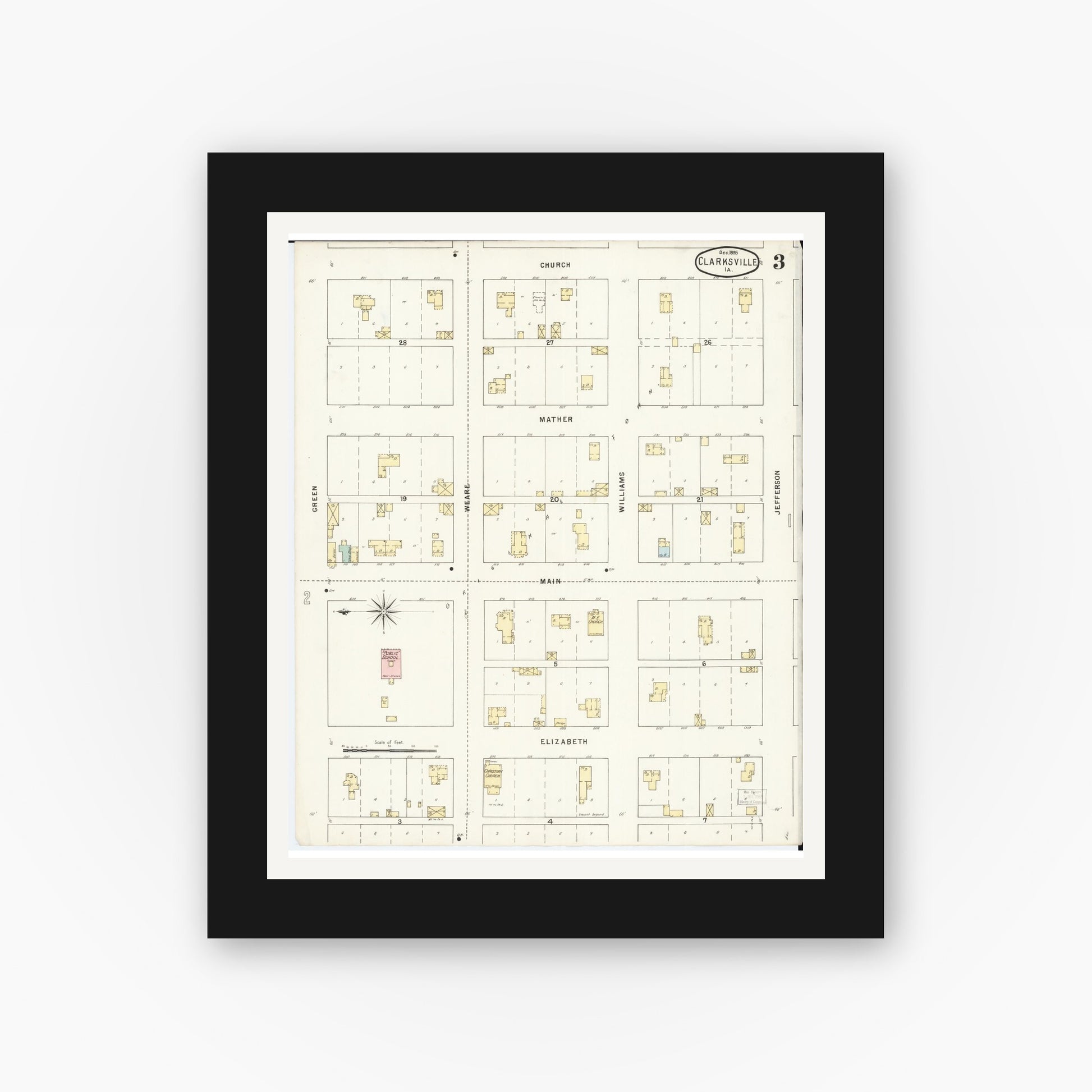 Old map wall art mockup — black gallery frame with white mat — Sanborn Fire Insurance Map from Clarksville, Butler County, Iowa (1895), Sheet #0003