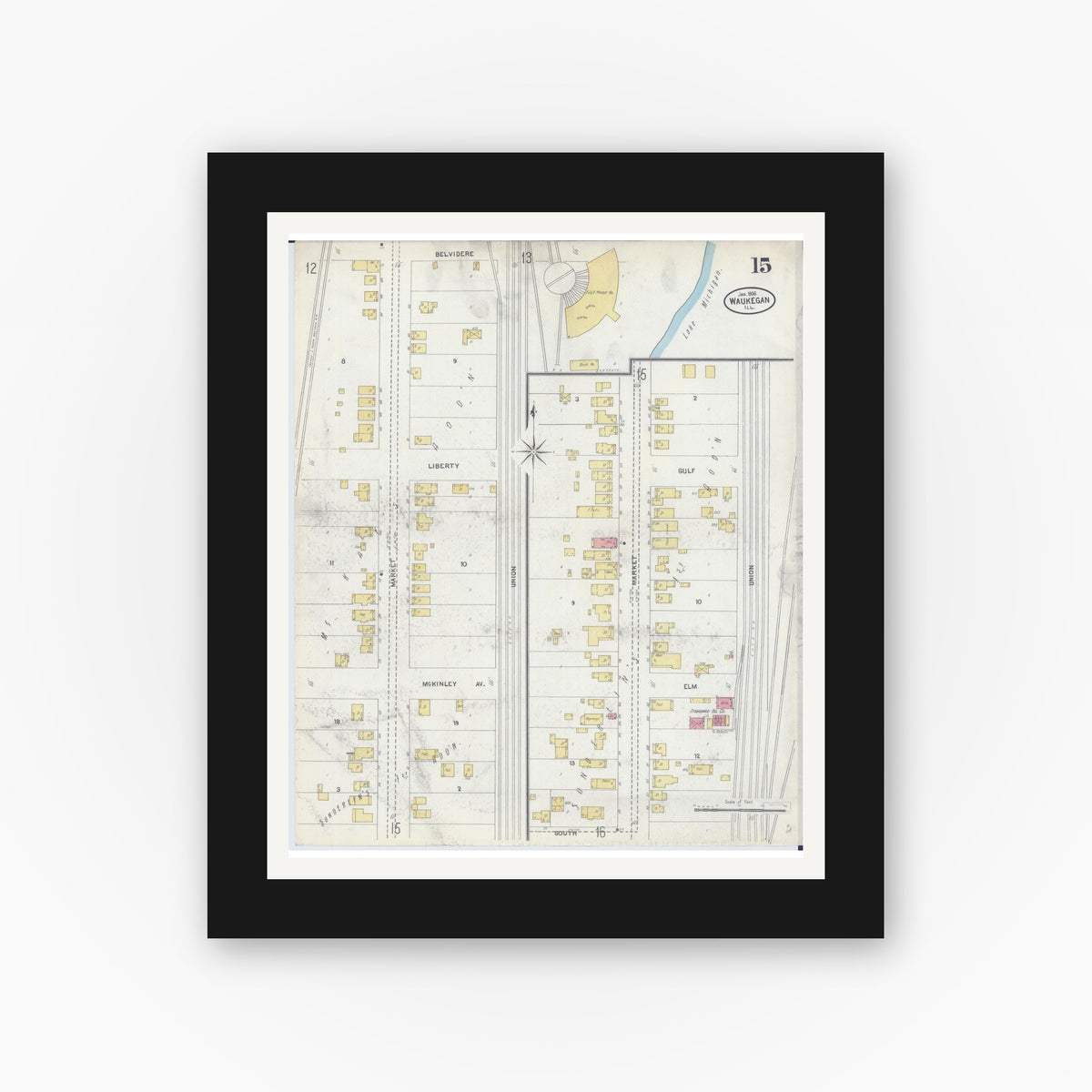 Old map wall art mockup — black gallery frame with white mat — Sanborn Fire Insurance Map from Waukegan, Lake County, Illinois (1906), Sheet #0015