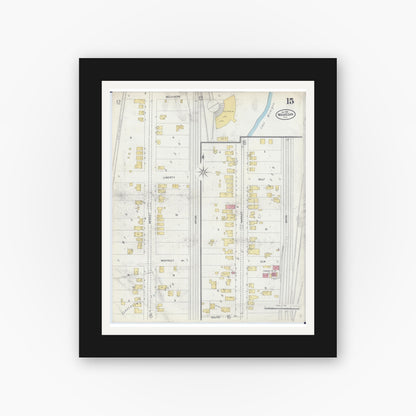 Old map wall art mockup — black gallery frame with white mat — Sanborn Fire Insurance Map from Waukegan, Lake County, Illinois (1906), Sheet #0015