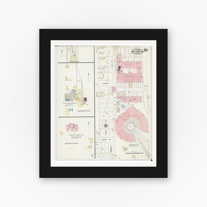 Old map wall art mockup — black gallery frame with white mat — Sanborn Fire Insurance Map from Bellefontaine, Logan County, Ohio (1914), Sheet #0010