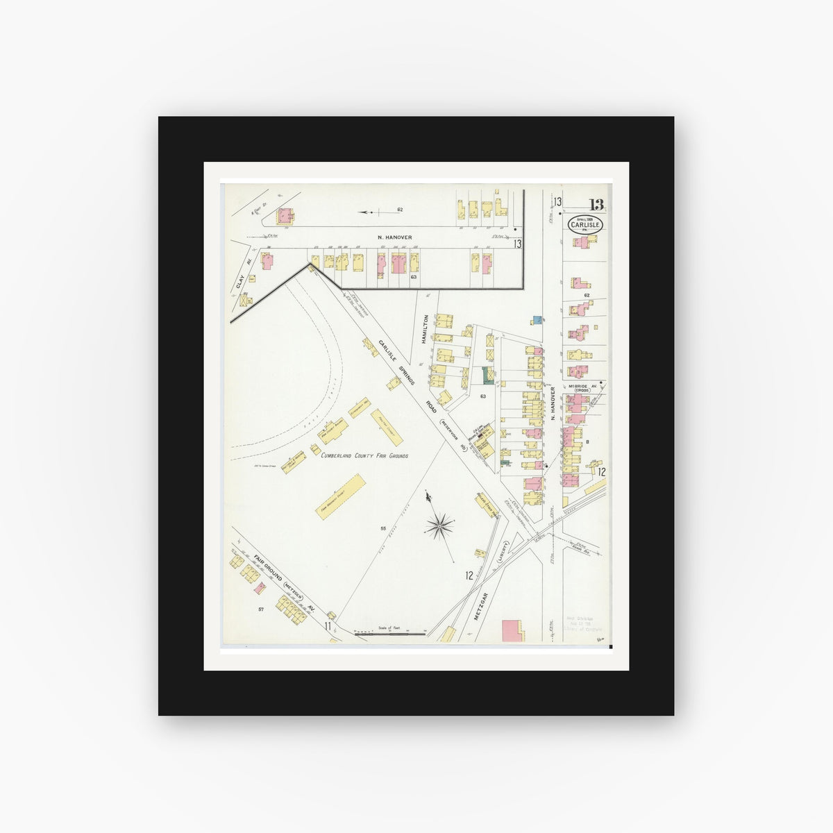 Old map wall art mockup — black gallery frame with white mat — Sanborn Fire Insurance Map from Carlisle, Cumberland County, Pennsylvania (1909), Sheet #0013