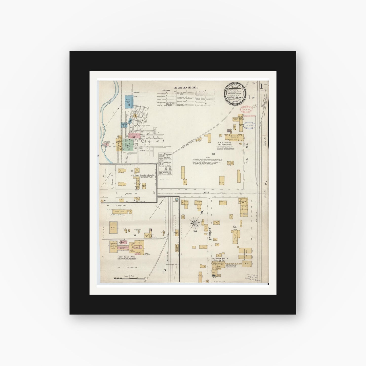 Old map wall art mockup — black gallery frame with white mat — Sanborn Fire Insurance Map from Port Allegany, McKean County, Pennsylvania (1897) - Complete Map Set