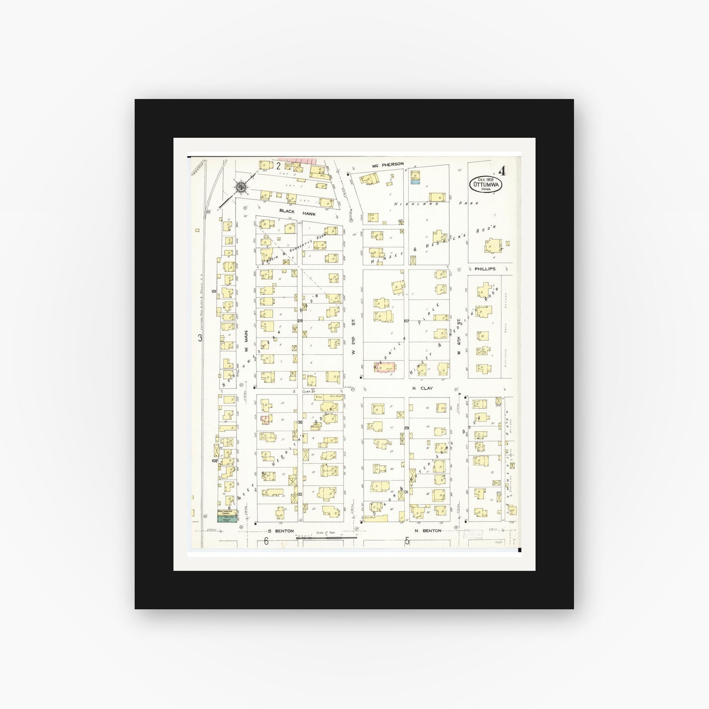 Old map wall art mockup — black gallery frame with white mat — Sanborn Fire Insurance Map from Ottumwa, Wapello County, Iowa (1909), Sheet #0004