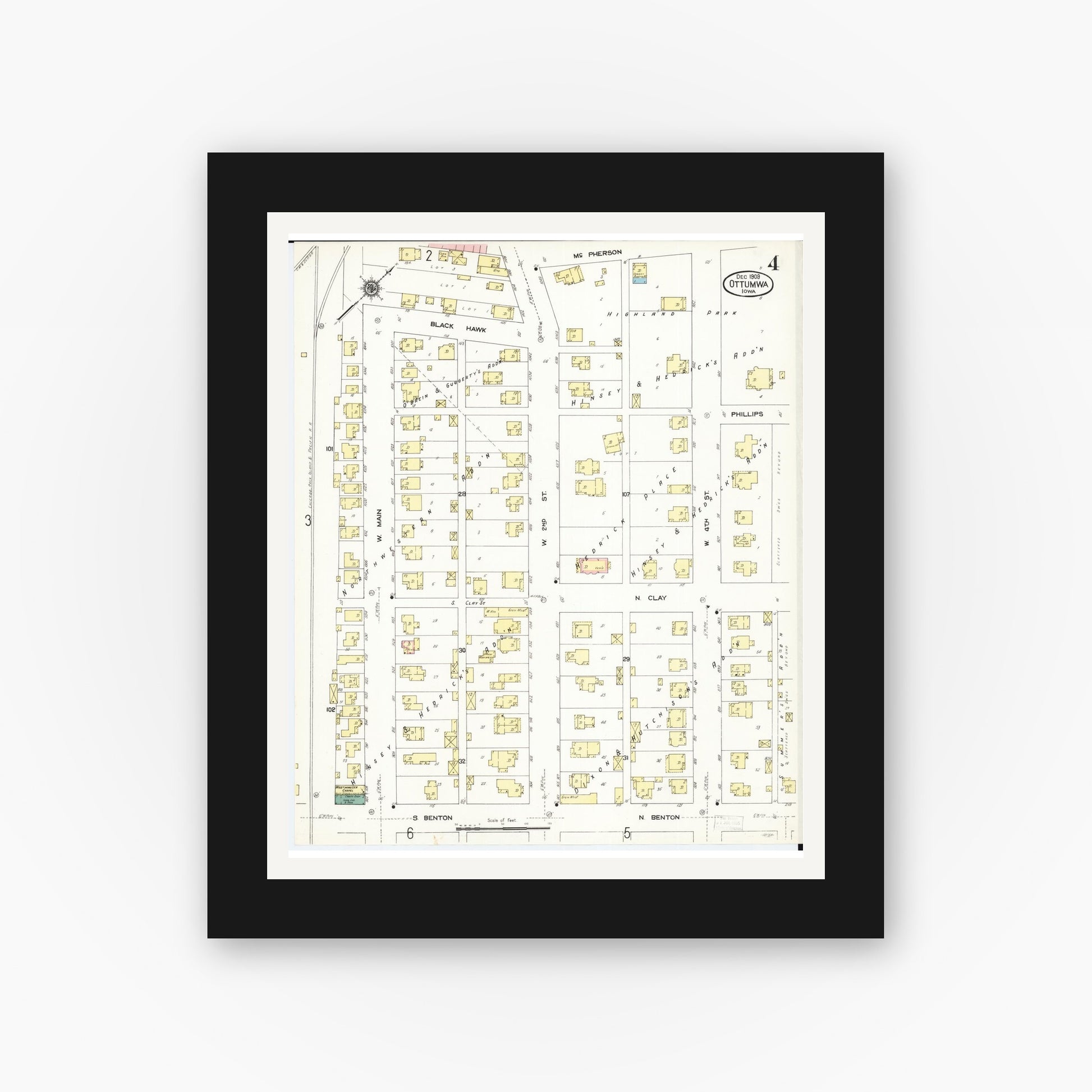 Old map wall art mockup — black gallery frame with white mat — Sanborn Fire Insurance Map from Ottumwa, Wapello County, Iowa (1909), Sheet #0004