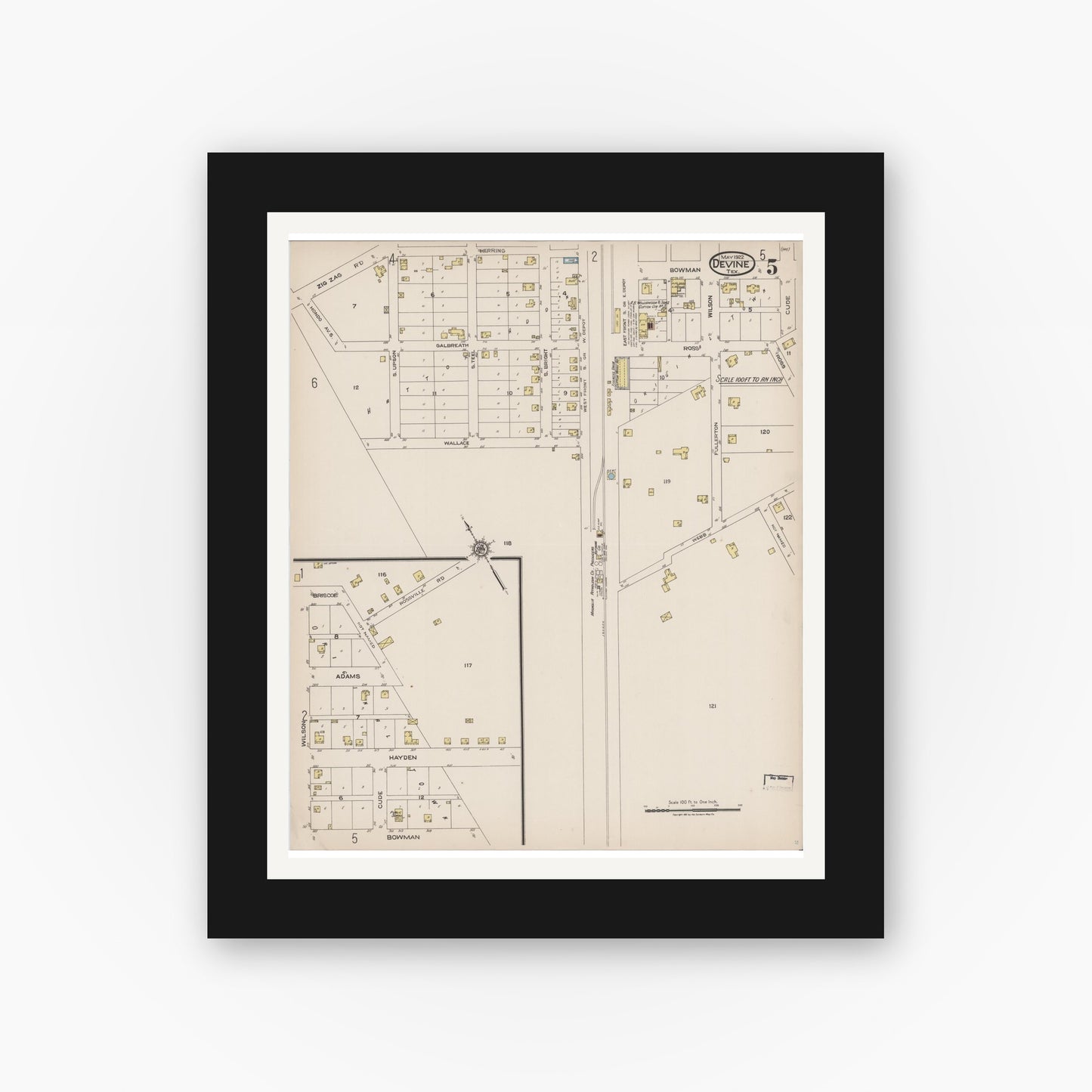 Old map wall art mockup — black gallery frame with white mat — Sanborn Fire Insurance Map from Devine, Medina County, Texas (1922), Sheet #0005