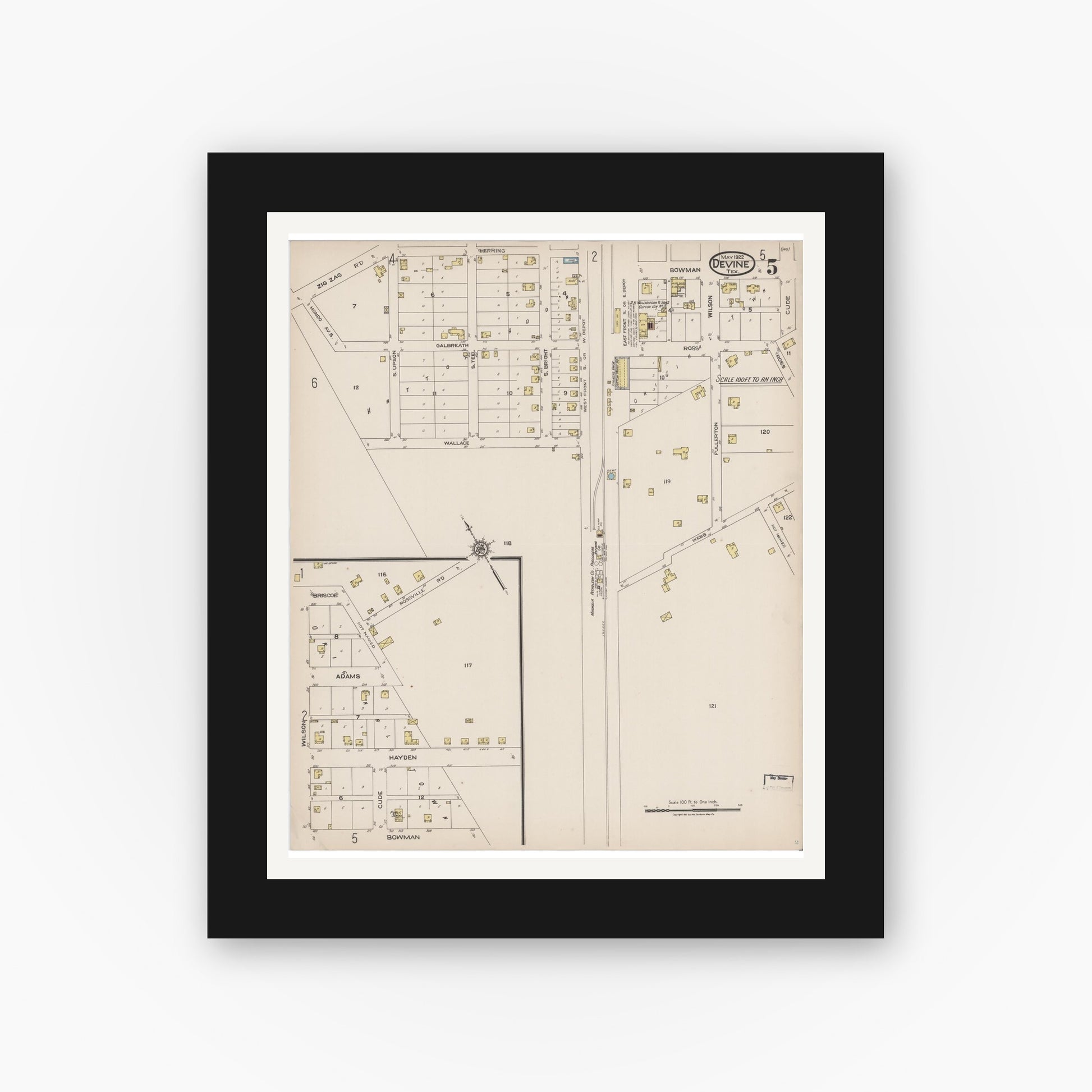 Old map wall art mockup — black gallery frame with white mat — Sanborn Fire Insurance Map from Devine, Medina County, Texas (1922), Sheet #0005
