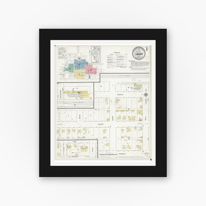 Old map wall art mockup — black gallery frame with white mat — Sanborn Fire Insurance Map from Lanark, Carroll County, Illinois (1912), Sheet #0001